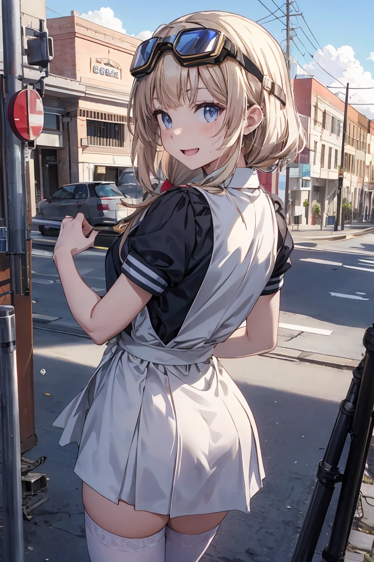 hanabusa lisa, lisa fourth, hair ornament, hairband, short hair, ribbed dress, grey dress, shirt, floral print, sideboob, belt, fingerless gloves, thigh strap, fishnet pantyhose, holding gun, handgun, magazine \(weapon\), :d, determined, 1girl, solo, cowboy shot, looking at viewer, city, street, fountain, flower bush