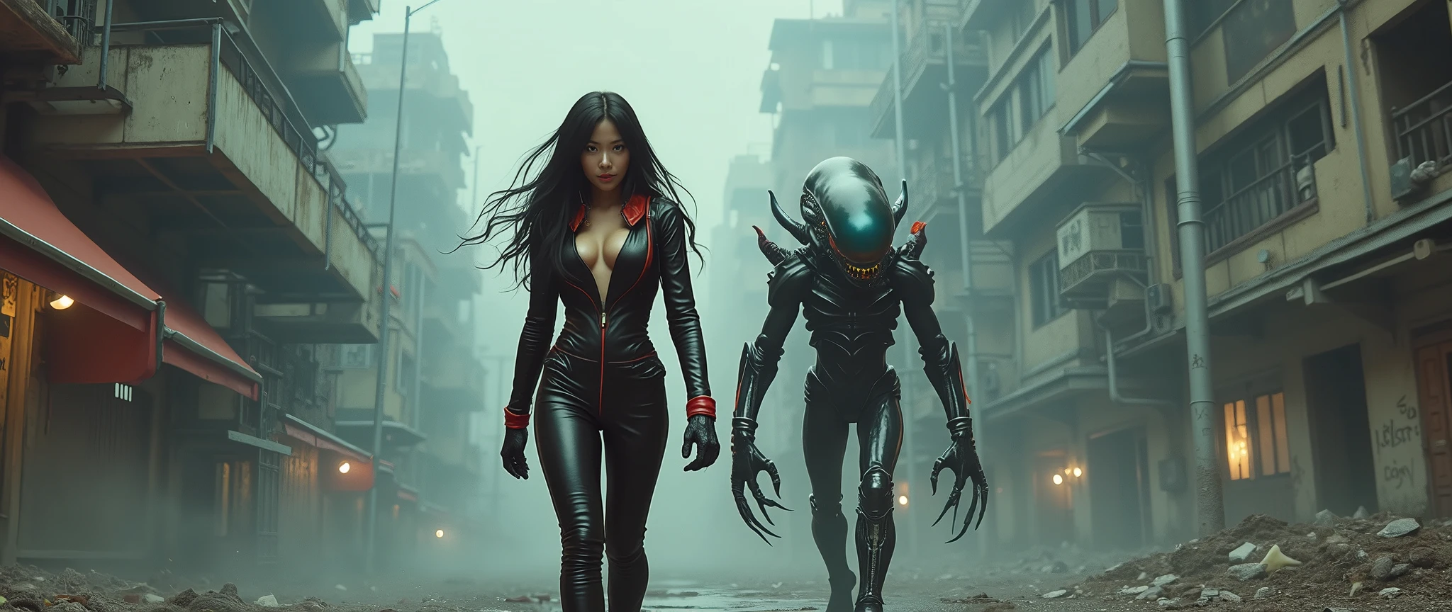 Japanese girl in a space suit, about 18 years old, wearing black leather with red trim, tight, long hair, she is walking with a xenomorph, post apocalyptic dystopian city, misty, scary, but the girl feels safe, xenomorph is her pet and friend, classic fumetto style, Frazetta, Italian horror/sci-fi aesthetic, lurid and vivid colors, technicolor tradition, intricate, detailed, very sexy, her space suit is unzipped, boobs exposed
