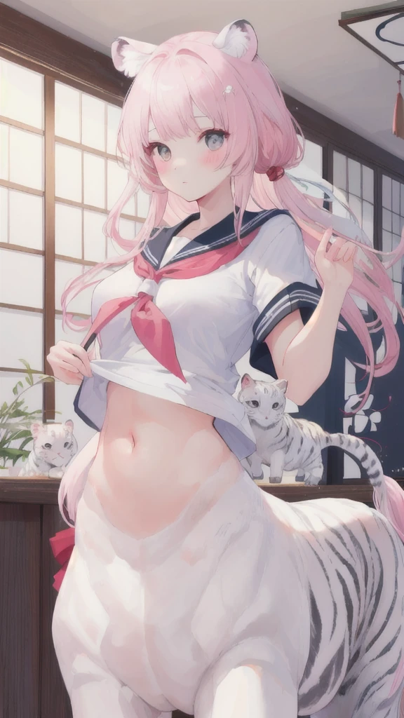 (best quality, masterpiece), 1 girl, centaur, I beg, White skin, Japanese schoolgirl, black pink, exposing the abdomen, belly button t-shirt , Beautiful girl perfect white tiger photo, Perfect kids photo