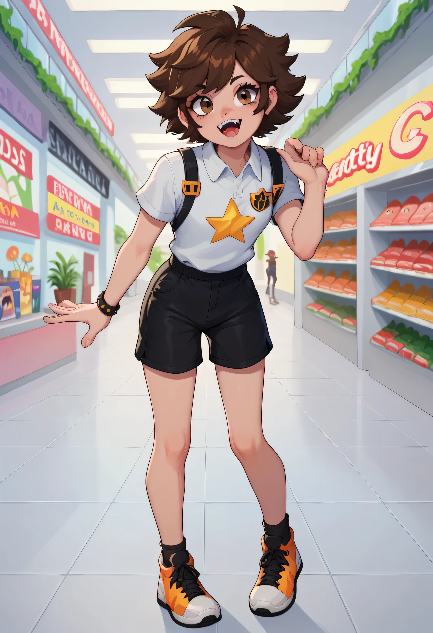 Score 9, Score 8_climb, Score 7_climb, Muse_ Features, 1 Hotty, Gregory | FNAF Security Breach, Solo,: 3, Group, Bend over, Looking at the audience, Brown eyes, Brown hair, Fangs out, Undressed, Tight black boxer shorts, Dusty, Cartoon, Full body, In a closed shopping mall