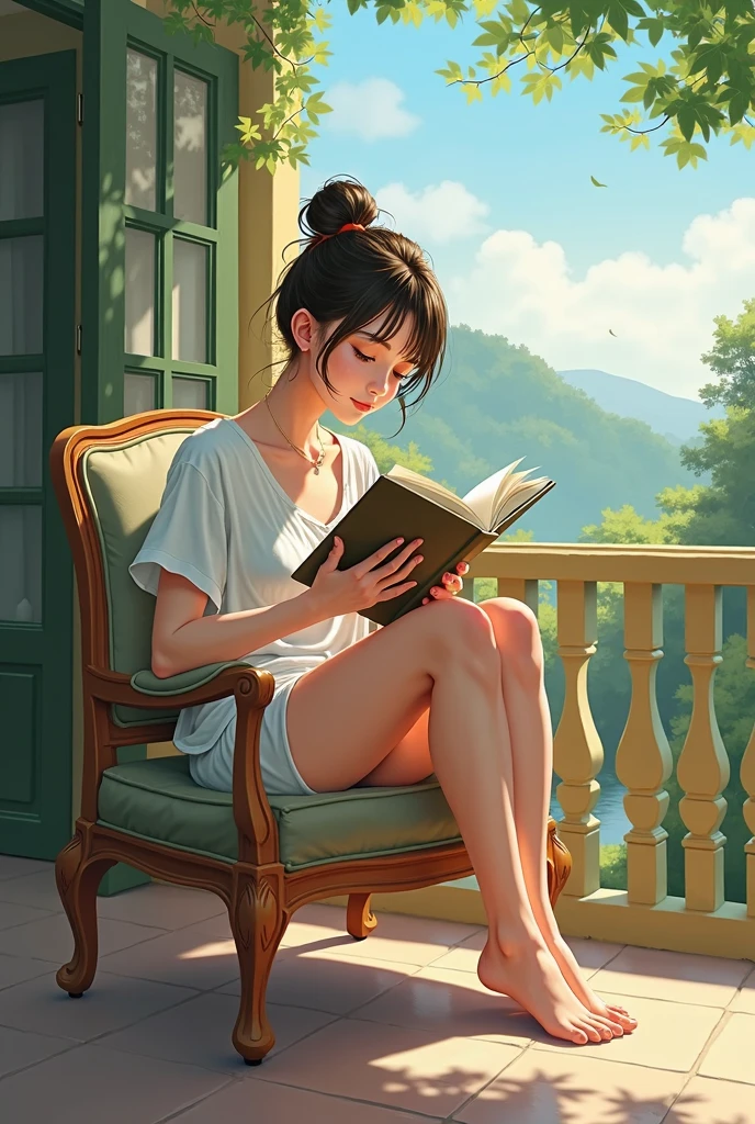 A hot nude girl sitting on balcony with legs opened showing her pretting vagina reading a book in the city, lofi girl, lofi artstyle, atey ghailan 8 k, inspired by Atey Ghailan, anime art wallpaper 8 k, lofi art, in style of atey ghailan, anime art wallpaper 4k, anime art wallpaper 4 k, makoto shinkai cyril rolando 