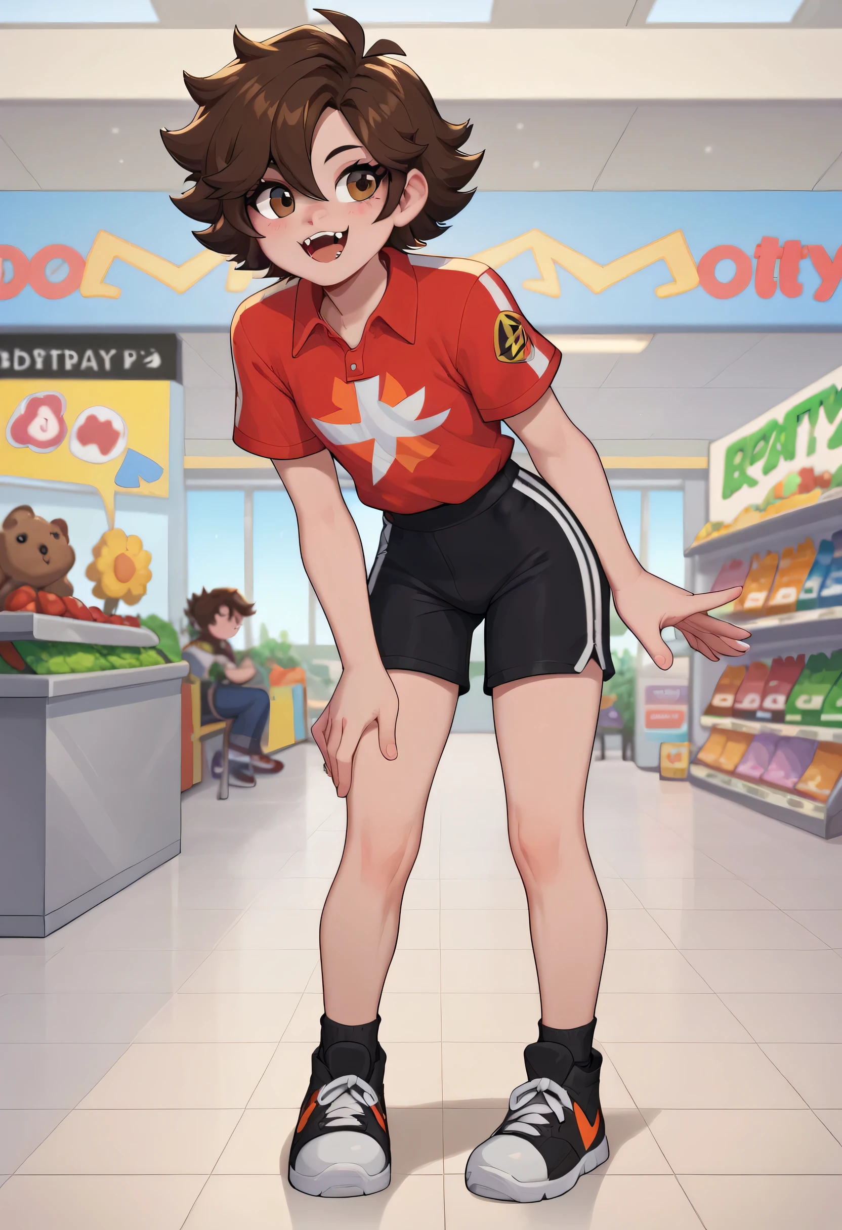 Score 9, Score 8_climb, Score 7_climb, Muse_ Features, 1 Hotty, Gregory | FNAF Security Breach, Solo,: 3, Group, Bend over, Looking at the audience, Brown eyes, Brown hair, Fangs out, Undressed, Tight black boxer shorts, Dusty, Cartoon, Full body, In a closed shopping mall
