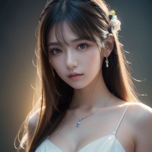 best quality, Masterpiece, high resolution, 1 girl, Porcelain set, hair accessories, necklace, decorations, Beautiful face, On the body, Tyndall Effect, realistic, dark studio, Edge lighting, Two-tone lights, (Highly detailed skin: 1.2), 8g UHD, dslr, soft light, High quality, Volumetric light, Straightforward, photograph, high resolution, 4K, 8ก, blurred background,