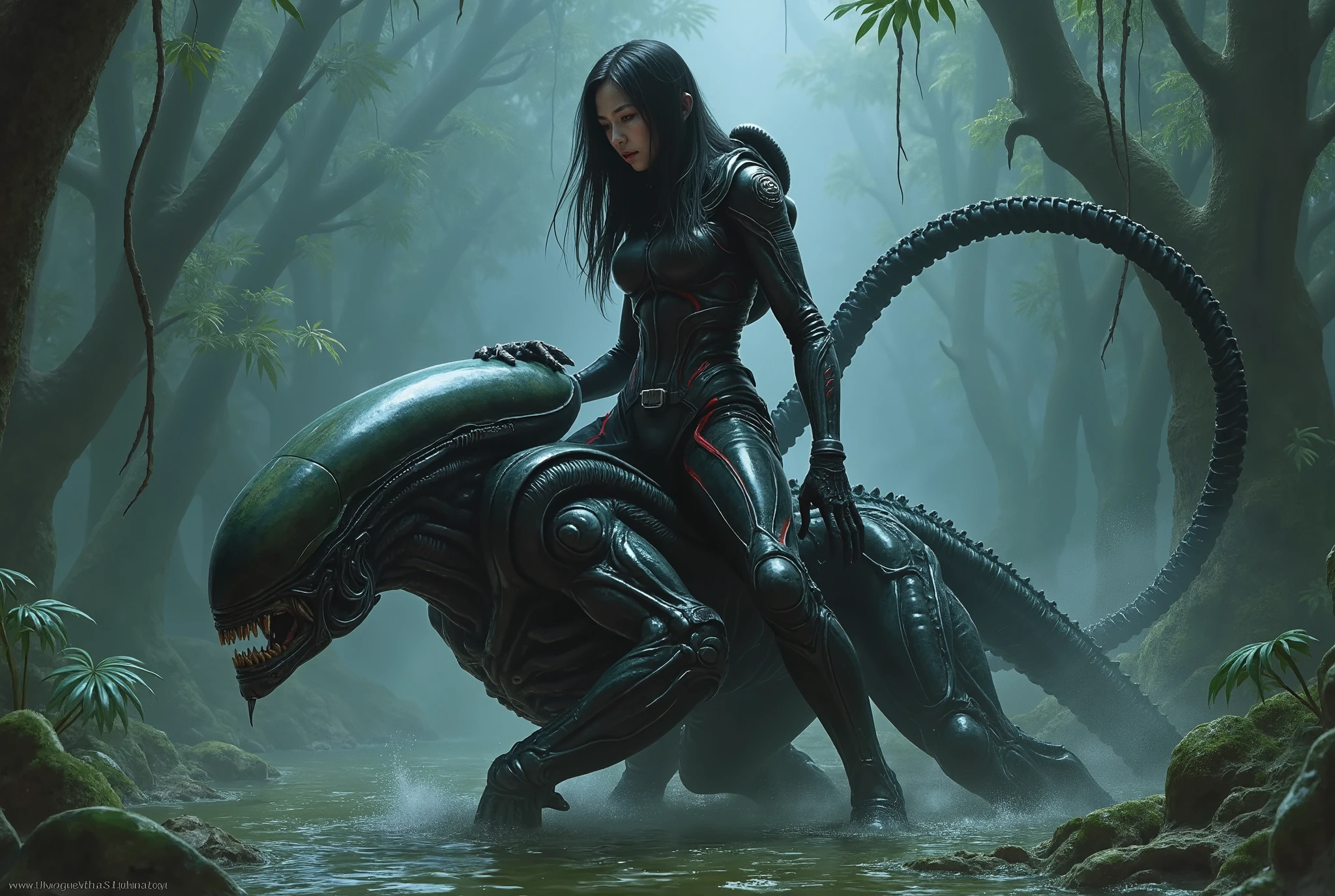 Japanese girl in a space suit, about 18 years old, wearing black leather with red trim, tight, long hair, she is riding the back of a xenomorph, alien swamp, misty, scary, but the girl feels safe, xenomorph is her pet and friend, classic fumetto style, Frazetta, Italian horror/sci-fi aesthetic, lurid and vivid colors, technicolor tradition, intricate, detailed,
