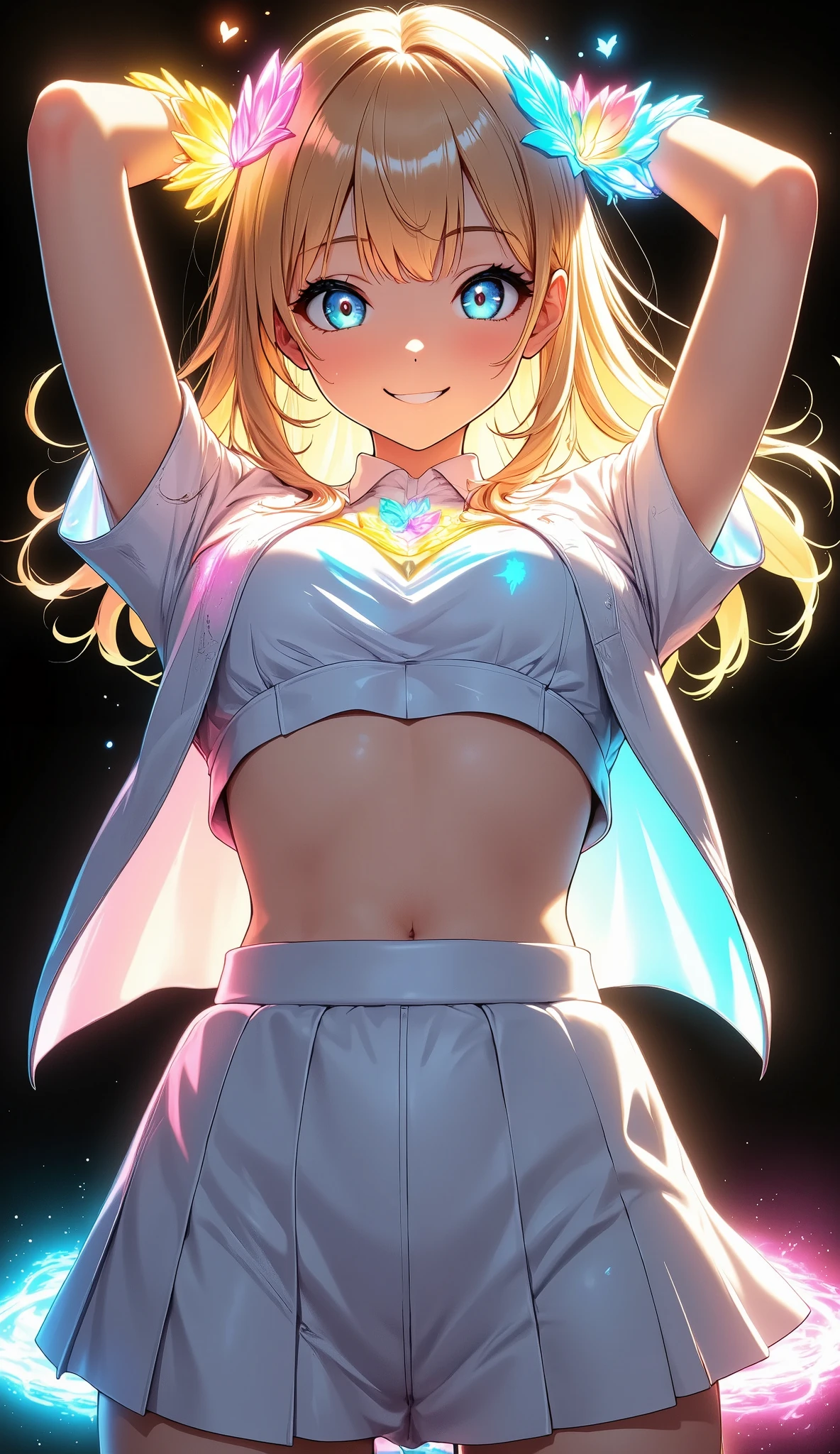  is so lovelyな女子校生,  1 snapshot of a woman,  neon-like beauty, Expressing light effectively , ( Blonde Long Hair, School blazer ,  pleated skirt),  have a smiling smile ,  close-up, Glowing Contours, Backlit sunlight,  glittering , Glamor,  is so lovely,  colorful ,  lively,  look at viewers,  HD,  very aesthetic,  best quality , masterpiece.