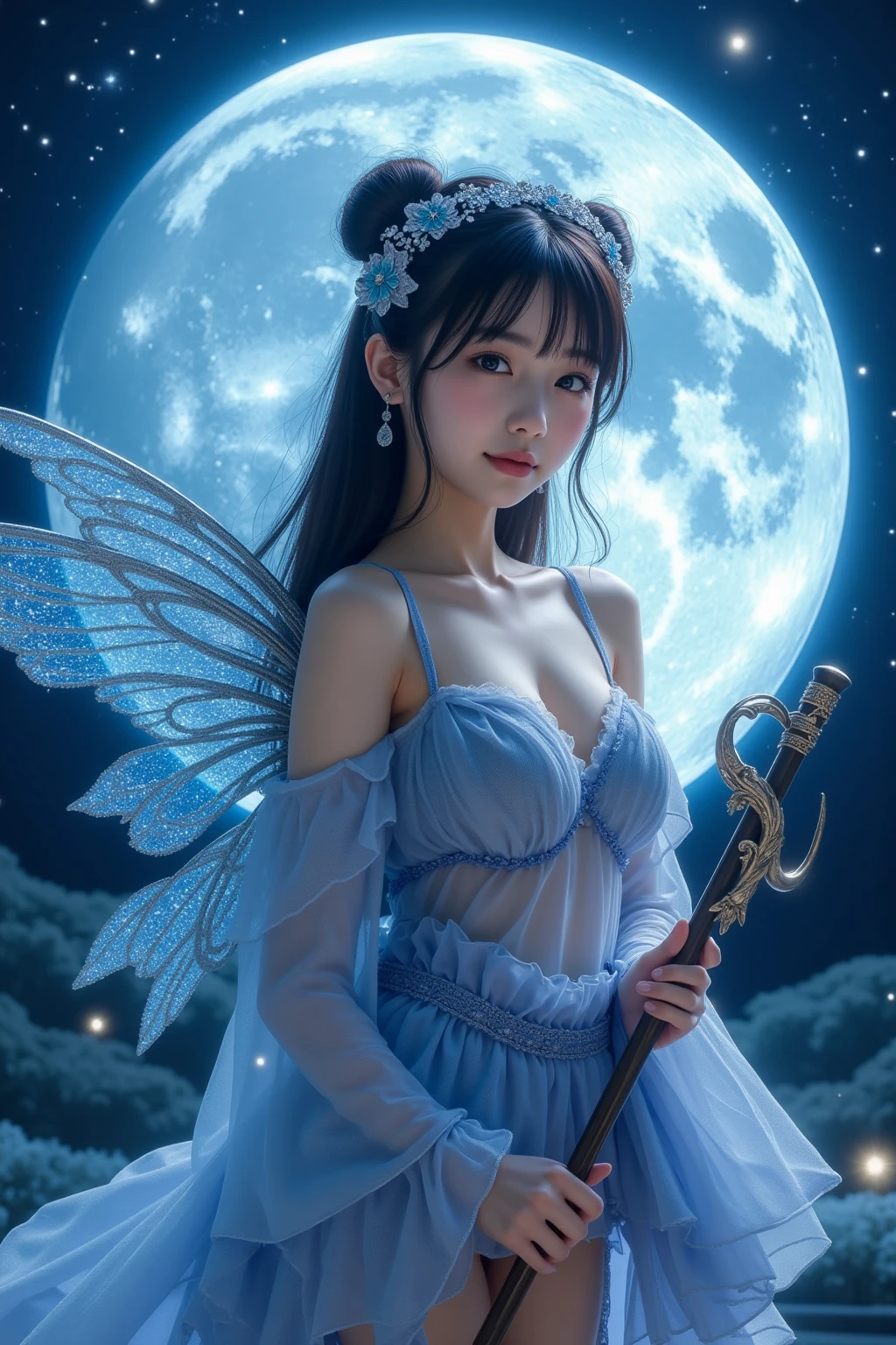 In the quiet stillness of the night, the fairy of the moon sits upon her crescent throne, her eyes alight with wonder as she watches a single star shoot across the sky. The stellar winds blow hot and cold, carrying her thoughts and dreams to the far reaches of the universe.,more detail XL