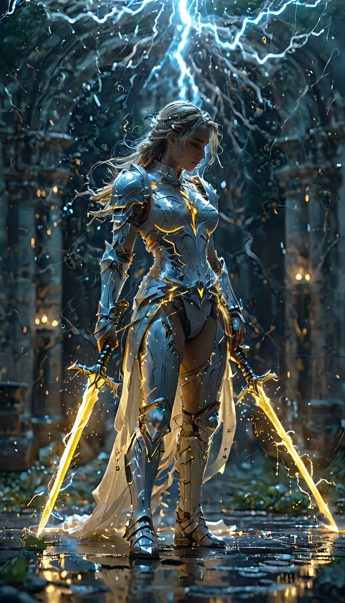 A magic sword knight,composed of elements of thunder,thunder,electricity,His form is barely tangible,with a soft glow emanating from his gentle contours,The surroundings subtly distort through her ethereal presence,casting a dreamlike ambiance,white lightning,Surrounded by thunder and lightning elemental magic,(Tiny arcs of electricity flickered on the ground and in the air:1.1),
