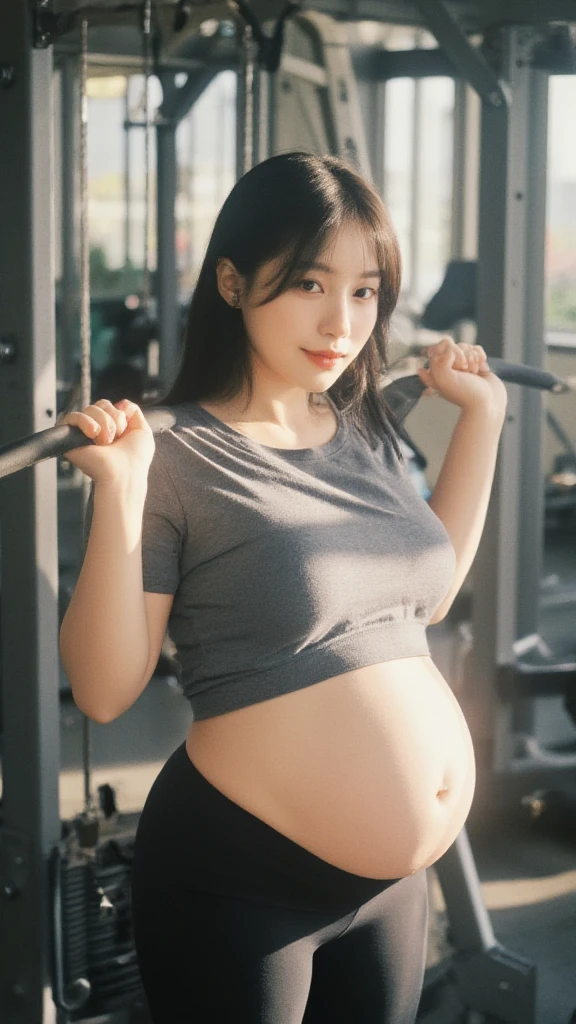 A Chinese woman in gym equipment, fluffy hair, delicate face, bright, real girl, large aperture, wearing tight yoga pants, tight trousers, wearing a nine-point yoga vest, round neck vest, macro shooting, slightly fat, plump, sexy, looking at you, good-looking eyes, very plump, very big breasts, (huge pregnant)