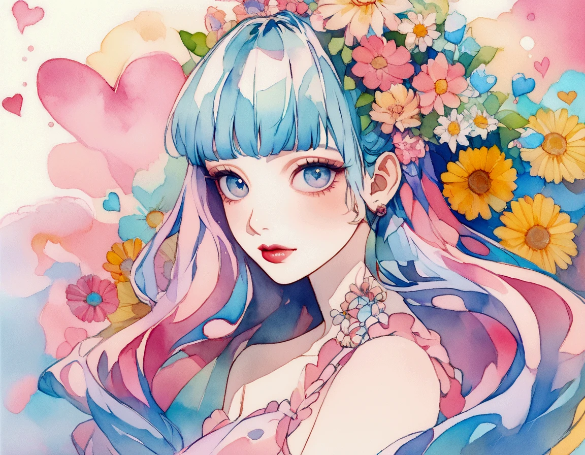 Mai Yoneyama Style、(((stylish fashion))), 8K Quality、Intense watercolor, Detailed watercolor art, Watercolor splash, Surreal, avant-garde pop art, Beautiful and expressive paintings, Beautiful artwork illustration, Very colorful tones, wonderful, Cool beauty, highest quality、Official Art, Vector art, Stylish design, (((The most beautiful girl))), (((highest quality))), HDR, ((detailed)), (((Doodle Art)), ((masterpiece)), ((Super detailed)), (((Colorful flowers))),(((Stylish))), Lips in love