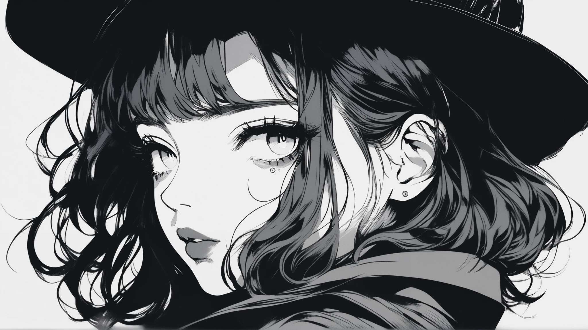 (best quality, sketch:1.2),realistic,illustrator,anime,1 girl, detailed lips,custom, neon gradient, dark background,neon hair,textured cropping, masterpiece, style retro classic, noir style , Japanese style, ((monochrome))