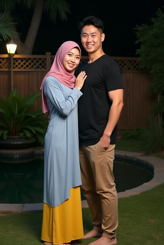 A young Indonesian couple, 25 years old, was relaxing and playing in the rain in the swimming pool behind the cafe. The man had a tattoo on his chest and white sports shorts. Dark brown skinned hijab woman beautiful body, wearing a transparent pink swimsuit, man touching woman's chest, smiling face, hands raised with a happy expression.