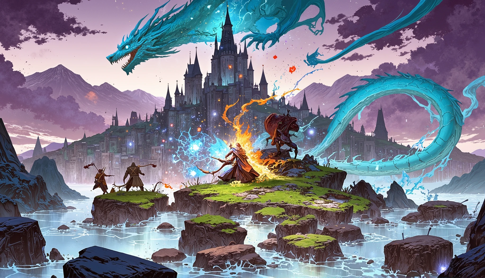 Battle between the Fire Wizard and the Ice Wizard Purple Eerie Sky Magic Cube Light Floating in the Sky Blue Dragon Island and Castle