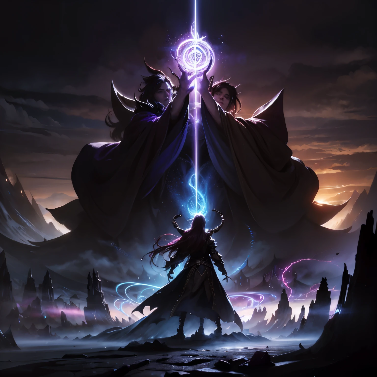 A magical dream world, a battle between wizards,(best quality,4k,8k,highres,masterpiece:1.2),ultra-detailed,(realistic,photorealistic,photo-realistic:1.37),fantasy,dark magic,powerful spells,epic clash,dramatic lighting,mystical energy,swirling magic,glowing runes,arcane symbols,enchanted forest,floating platforms,ancient ruins,dramatic angles,cinematic composition,vibrant colors,moody atmosphere,detailed character designs,intense expression,flowing robes,magical aura,energy beams,spell casting