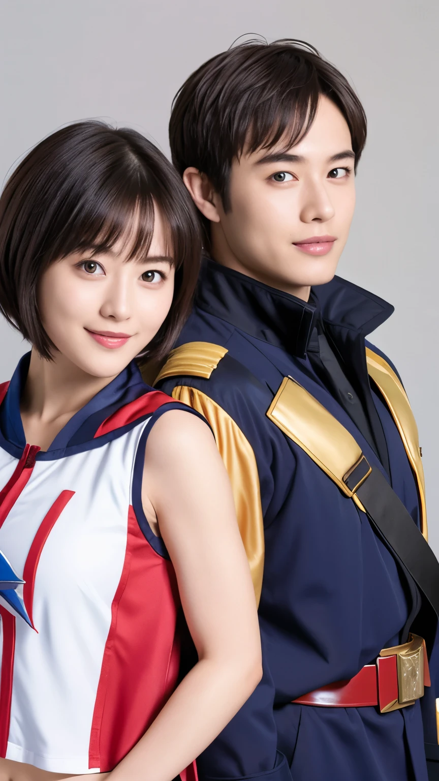 349 (20 year old woman and 20 year old man),( short hair), ( HD), (smile), (Gatchaman's combat uniform), ( abs) , (Cape)