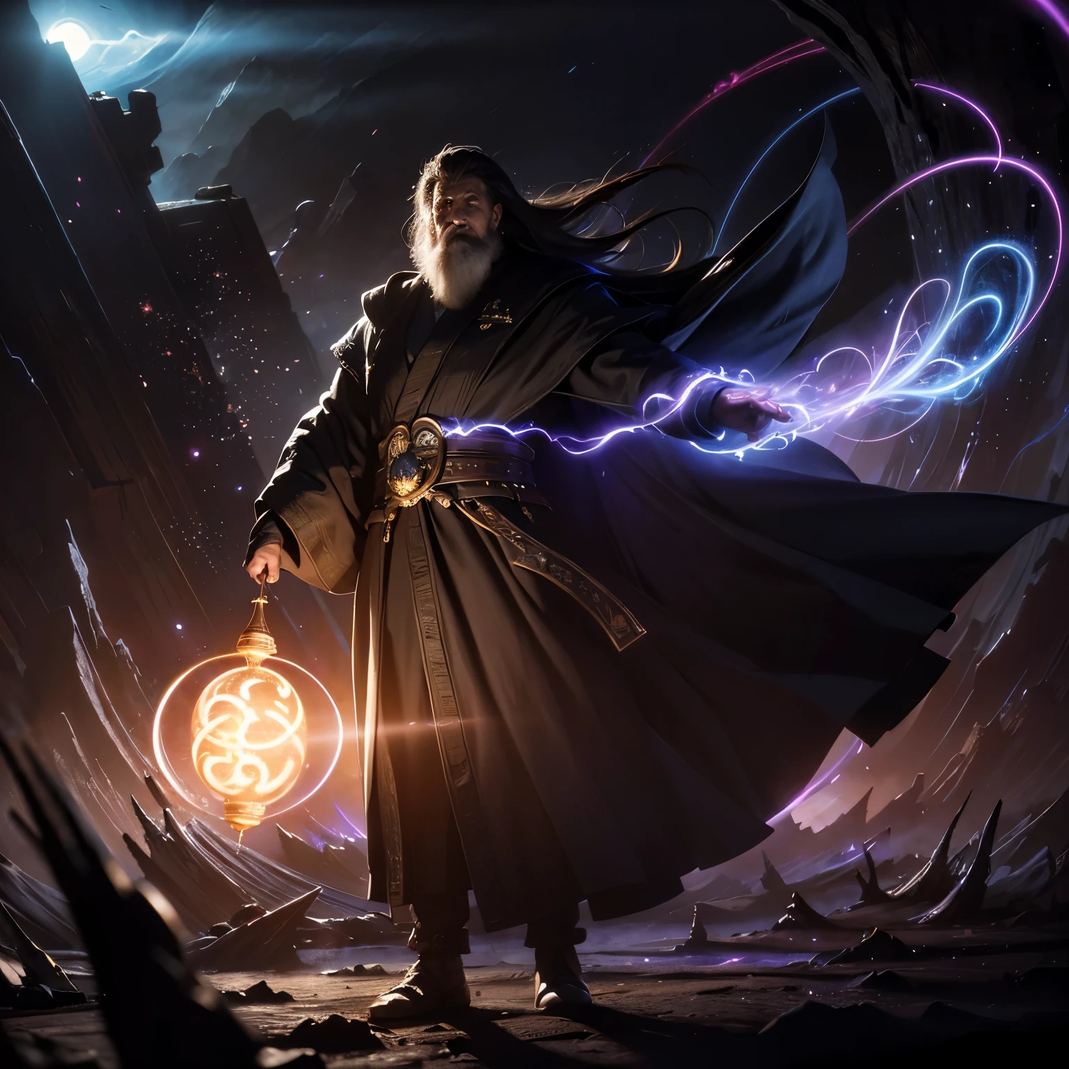 A magical dream world, a battle between wizards,(best quality,4k,8k,highres,masterpiece:1.2),ultra-detailed,(realistic,photorealistic,photo-realistic:1.37),fantasy,dark magic,powerful spells,epic clash,dramatic lighting,mystical energy,swirling magic,glowing runes,arcane symbols,enchanted forest,floating platforms,ancient ruins,dramatic angles,cinematic composition,vibrant colors,moody atmosphere,detailed character designs,intense expression,flowing robes,magical aura,energy beams,spell casting