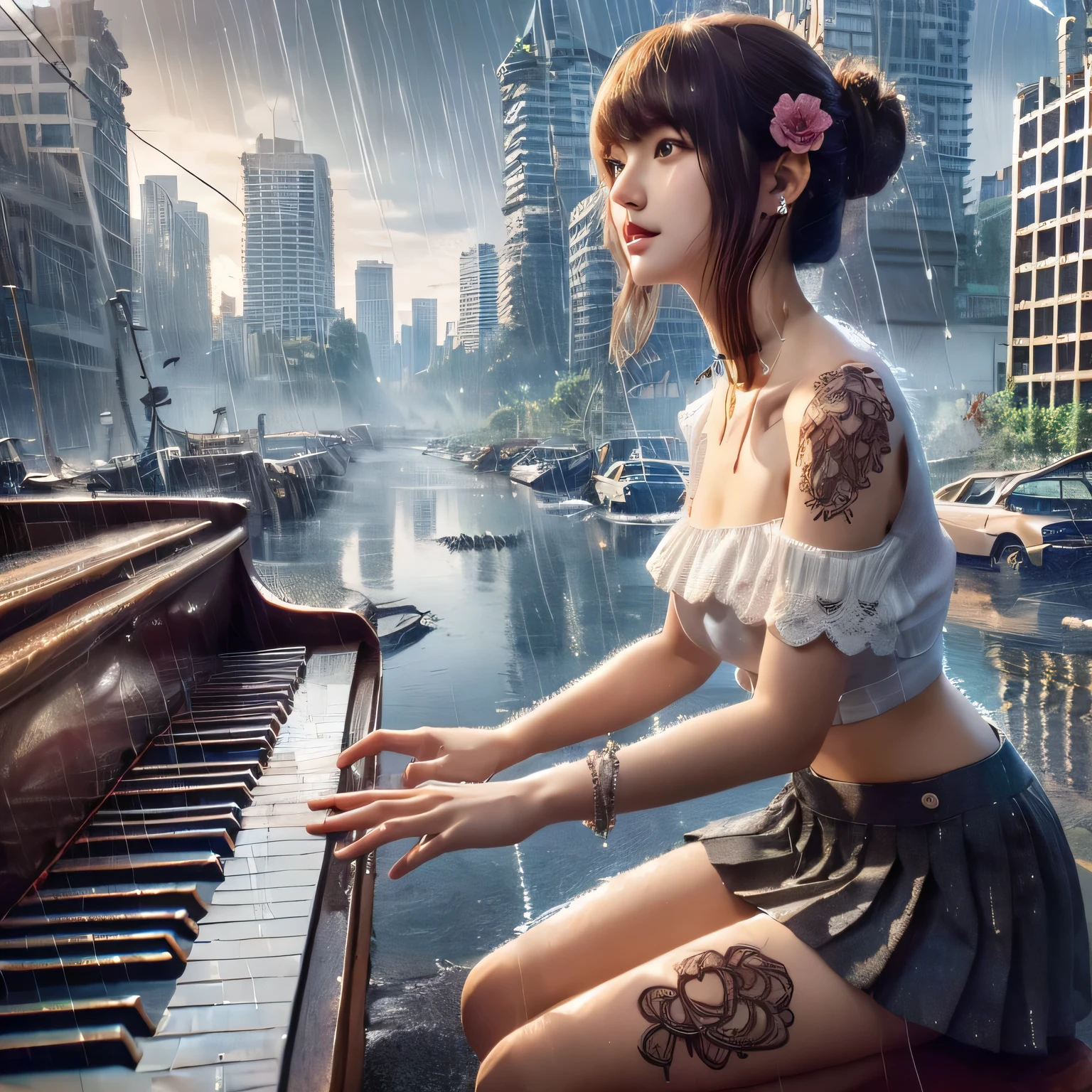 absurdres, 1girl, blush, (realistic:1.5), (masterpiece, Extremely detailed CG unity 8k wallpaper, best quality, highres:1.2), (ultra_detailed, UHD:1.2), perfect illumination, distinct, (1girl:1.4), looking at viewer, unreal engine, sidelighting, perfect face, detailed face, perfect body, beautiful eyes, pretty face, (bright skin:1.4), idol, (abs), ulzzang-6500-v1.1,,((medium breast)),((narrow waist)),(blonde hair),armpit pose, MAHALAIUNIFORM,(((WHITE SHIRT SHORT SLEEVES))),((BLACK polished PENCIL SKIRT)),((BLACK PLEATED SKIRT)),((in the classroom)),(((choker))),((white shirt short sleeves )),((black pencil skirt)),(belt),((standing)),(Full body:1.4),bangs,((glasses)),sharp eyes,peck the corners of the mouth,silver earrings,peck the corners of the mouth,big breast, , playing electric guitar, 