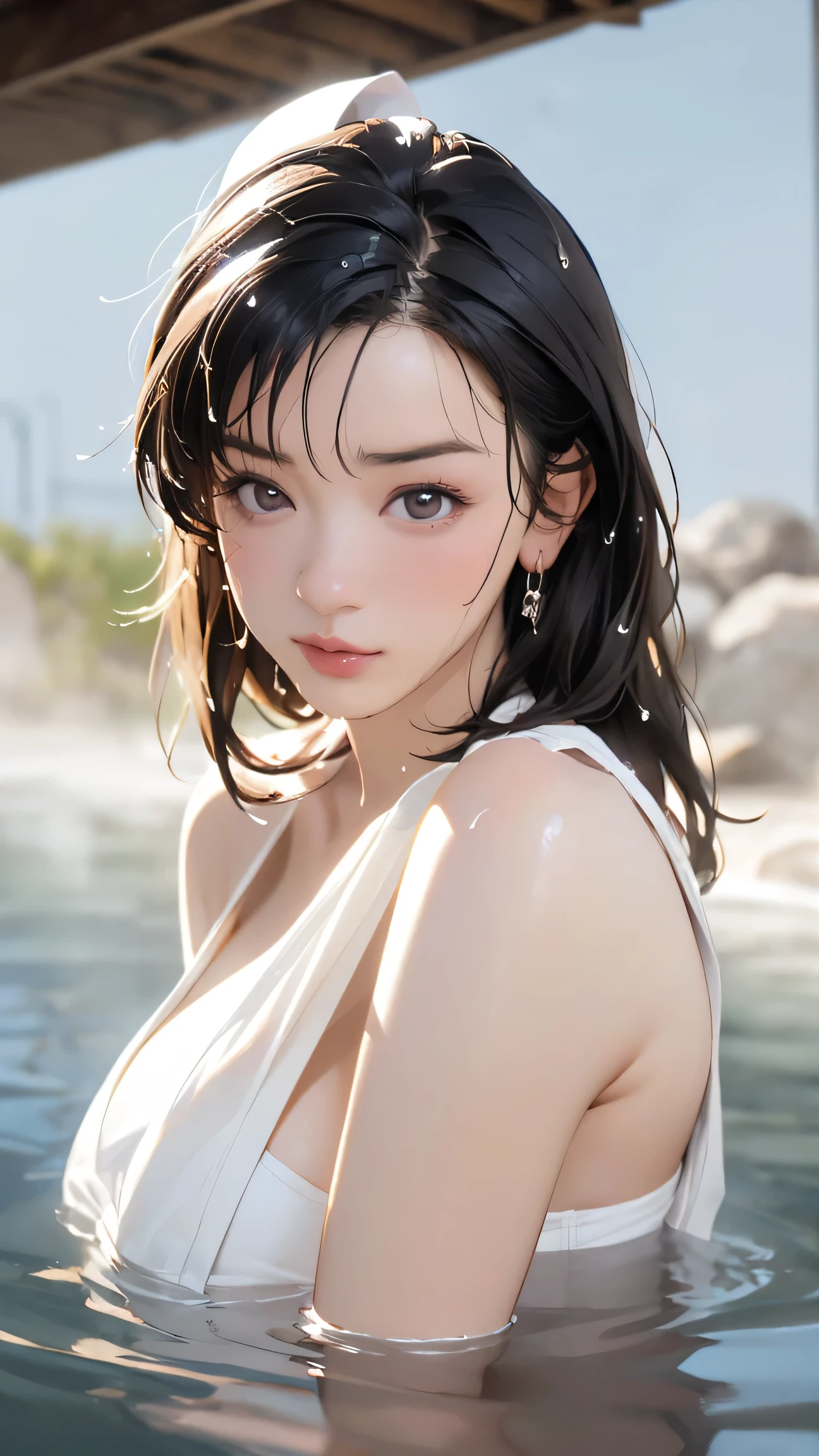 (masterpiece, Highest quality:1.2), One girl, alone,bony body、15 years old、wet hair、Earrings