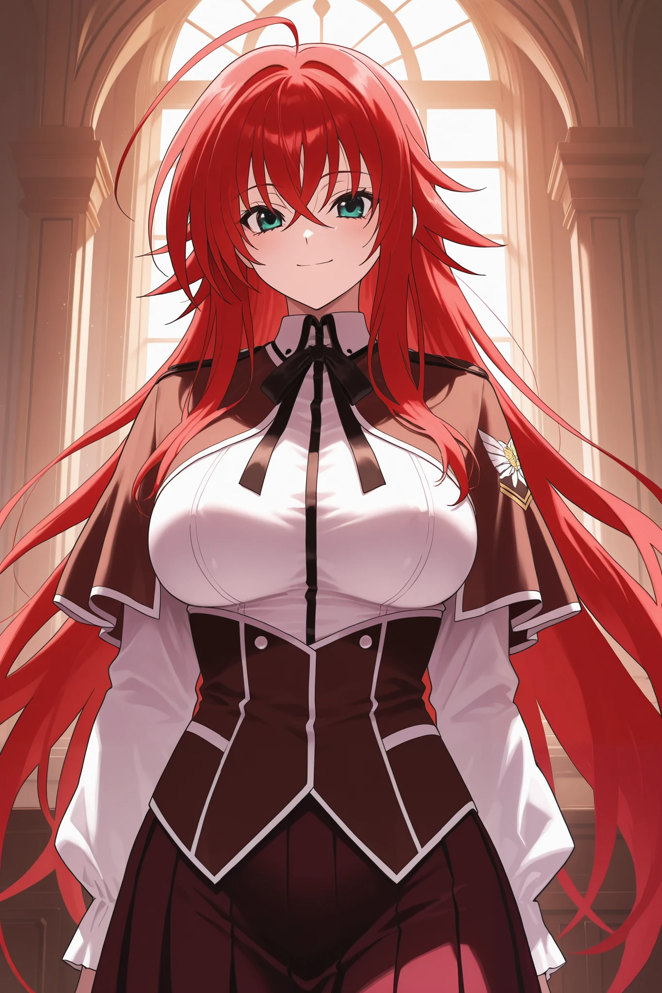 NSFW,masterpiece, best quality , high resolution, very detailed on trends, Rias Gremory 、Huge ahoge、 long hair、Hair between the eyes、 green eyes、Red Hair、 shirt、ribbon、uniform、白い shirt、黒いribbon、ネックribbon、 capelets、黒い capelets、 Long Sleeve、 skirt 、赤い skirt ,smile,Antique style room