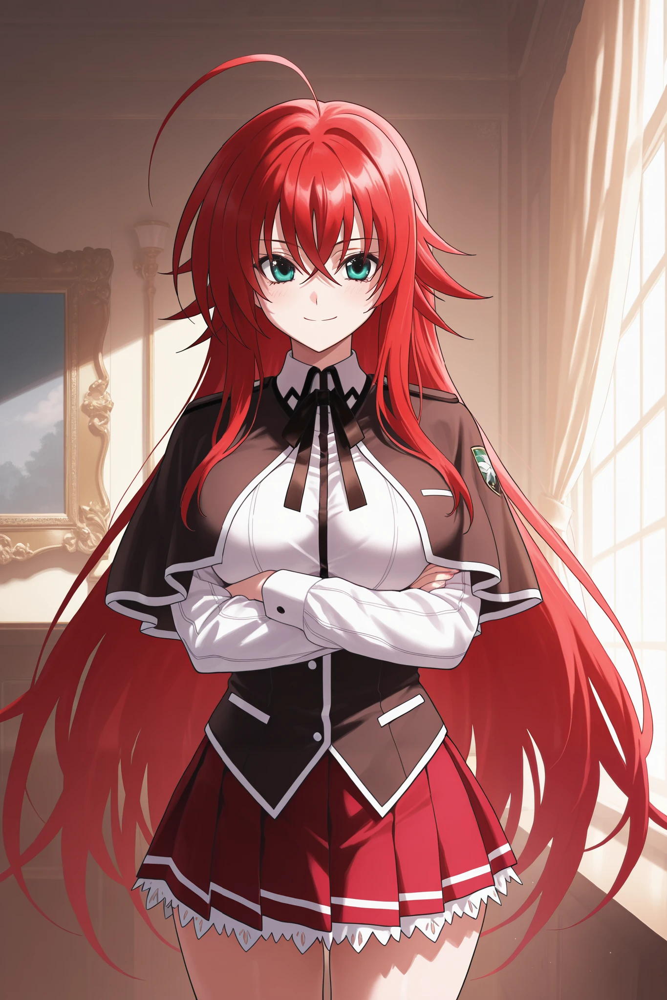 NSFW,masterpiece, best quality , high resolution, very detailed on trends, Rias Gremory 、Huge ahoge、 long hair、Hair between the eyes、 green eyes、Red Hair、 shirt、ribbon、uniform、白い shirt、黒いribbon、ネックribbon、 capelets、黒い capelets、 Long Sleeve、 skirt 、赤い skirt ,smile,Antique style room