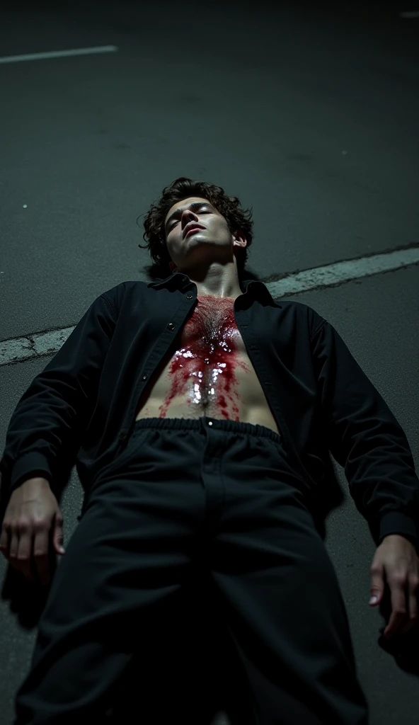 handsome age white boy, brown hair, , painful gunshot wound in stomach, fainting, bleeding wound, pained and scared expression, blood on floor, bloody white tanktop, short pants and no socks, covering wound with tanktop, holding wound with bloody hand, trail of blood, massive bleeding, detailed facial features, highly realistic, cinematic lighting, dramatic shadows, muted color palette, dramatic composition