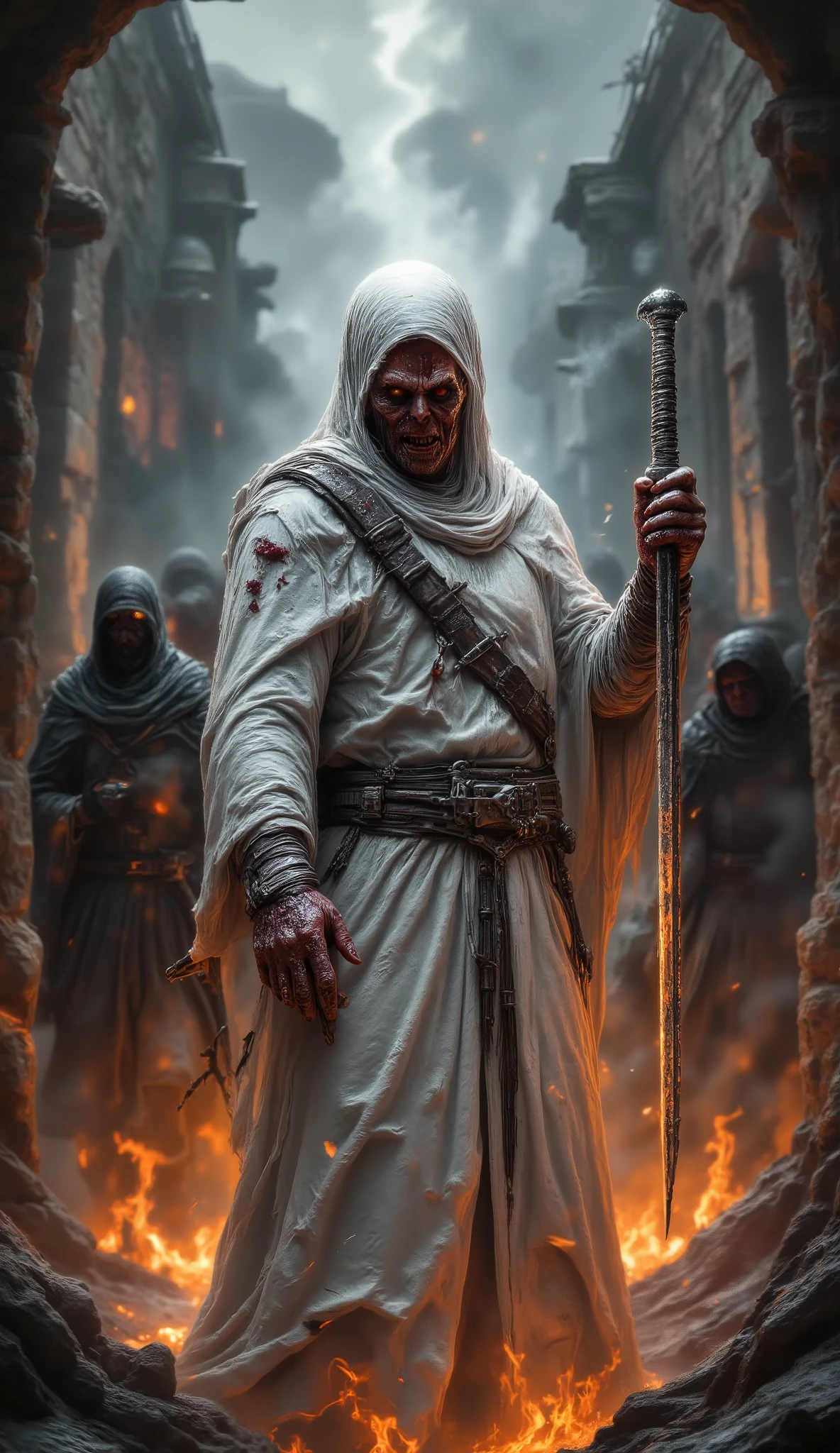 A village is seen, there is a Muslim soldier standing with a sword in his hand, he is dressed in white, his face is covered in blood, his face is angry, and behind him are many soldiers dressed in black fighting, fires are burning,