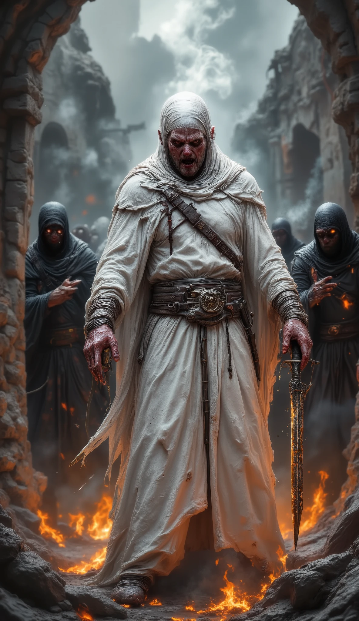 A village is seen, there is a Muslim soldier standing with a sword in his hand, he is dressed in white, his face is covered in blood, his face is angry, and behind him are many soldiers dressed in black fighting, fires are burning,