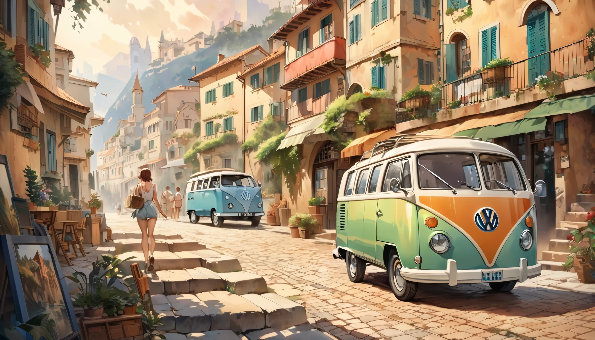 A picture of a van parked on a cobblestone street near the building., The only VW bus on the road, beautiful retro art, by Bencho Obreshkov, Colourful and detailed, 8k)), happy italian beach scene, Watercolor style, super Realistic painting style, Detailed 4K painting, Realistic painting style, Awesome Wallpapers,There is no one,Only one car、masterpiece