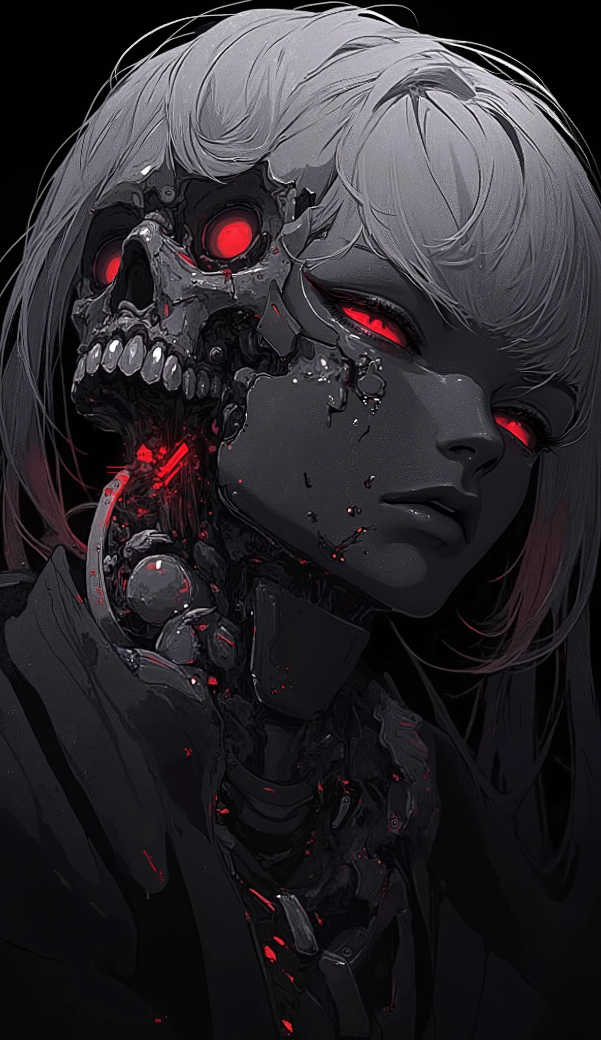 close-up, cyberpunk, cyborg, male, short gray hair, glowing red eyes, visible cybernetic implants on neck and face, dark gray skin, wearing dark clothing, intense stare, detailed, gritty, dark, illustration, digital painting, by Tsutomu Nihei, trending on ArtStation.