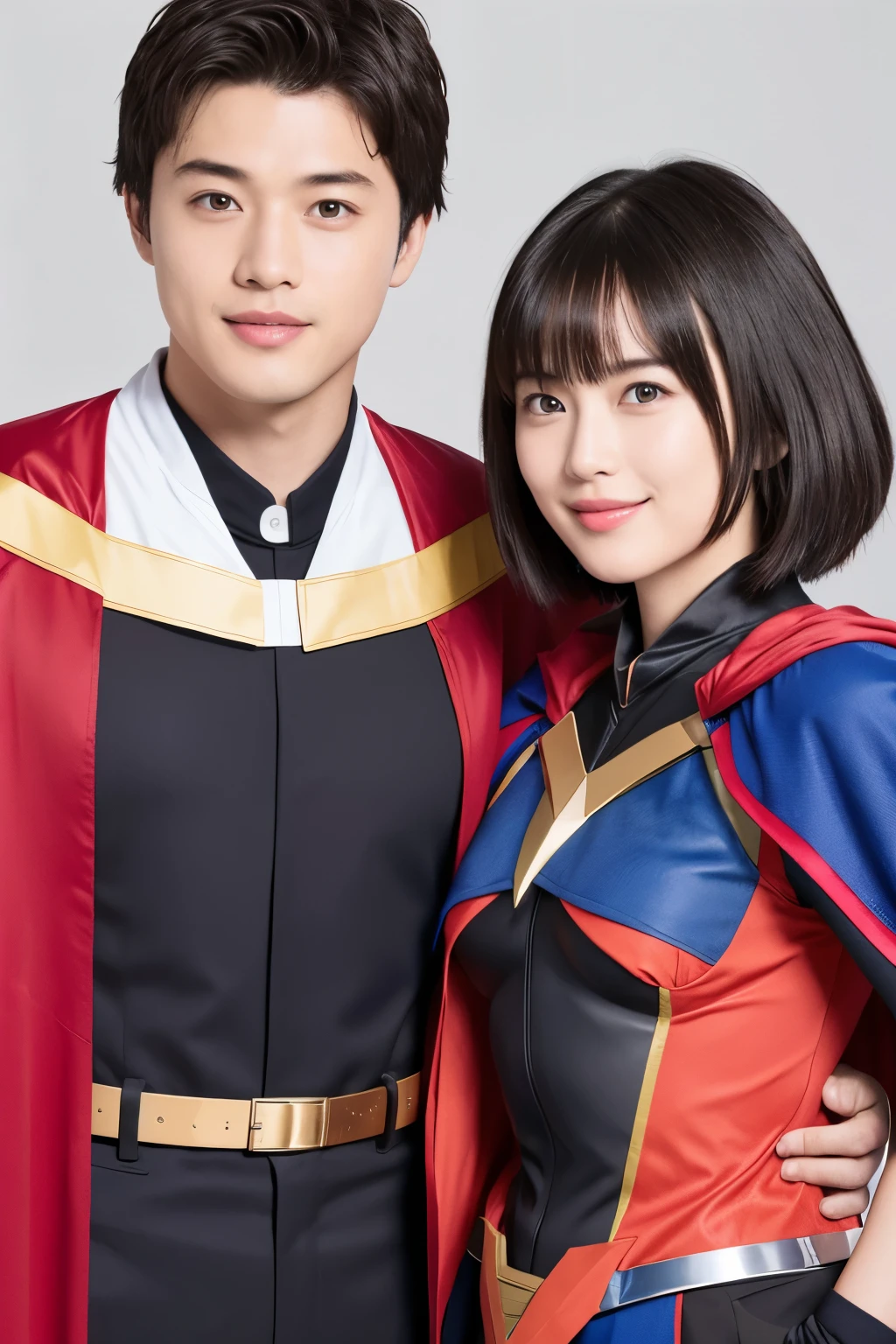 349 (20 year old woman and 20 year old man),( short hair), ( HD), (smile), (Gatchaman's combat uniform), ( abs) , (Cape)