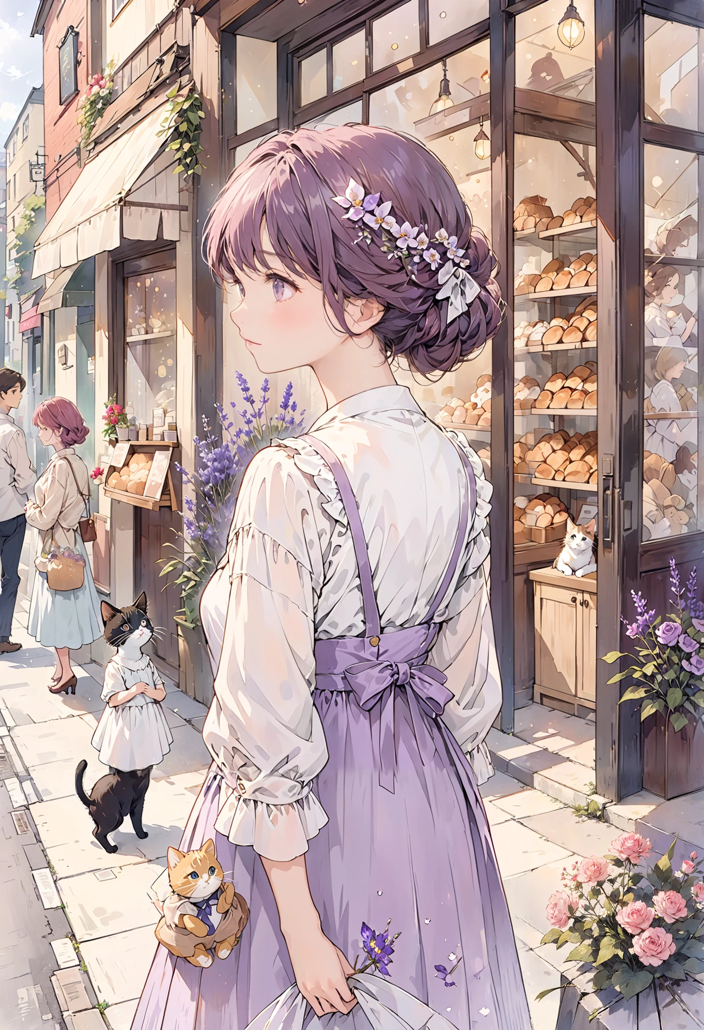 Universe, Illustration with wistaria as the main color, Someone's signature, Maison, city of Manchester, Lavender flowers, Cat walking leisurely on the street, A woman as beautiful as Grace Kelly stands pensive in front of a bakery, She is very fashionable and looks like she is waiting for someone, Nature, Lavender mauve illustration, lilac illustration, rasberry illustration, framboise illustration, rose tendre illustration, Energy, mauve illustration, There are stores with teddy bears on, display, Department, for you