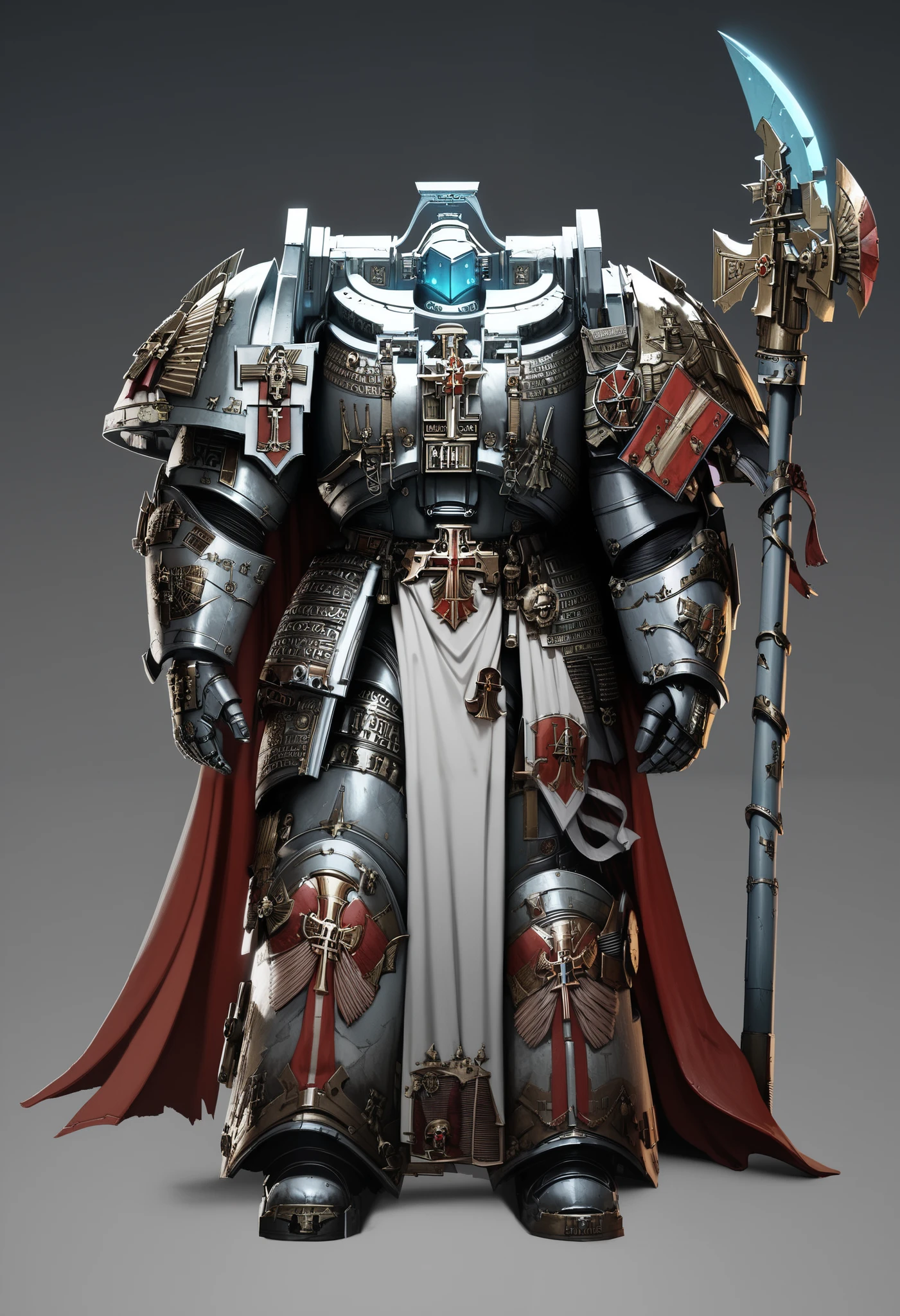 Anime, Illustration art, Absurd resolution, high resolution, (masterpiece: 1.4), hyper-detail, warhammer 40k, full body, glowing weapon, cloak, armor, trimmings, edgy, grimdark, octosoup, 1man, bulky, buff, plume, loin cloth, crusader helmet, reference sheet, iron halo, GreyK40k, full shot, Holding_Halberd_V1, power armor, Solo, standing in a desert, octosoup