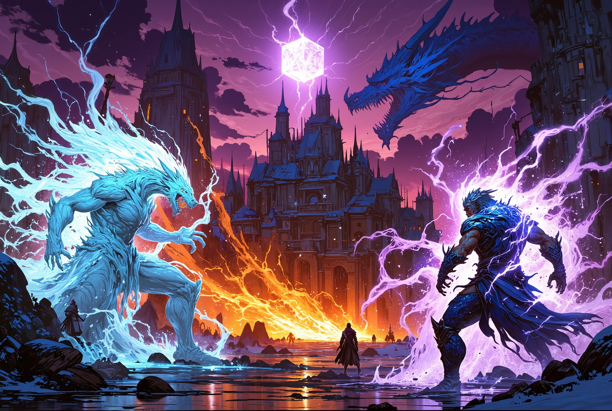 Battle between the Fire Wizard and the Ice Wizard, Purple Eerie Sky, Magic Cube Light Floating in the Sky, Blue Dragon, Island and Castle, Cubist Futurism, anime, Hyperrealism, chiaroscuro, cinematic lighting, reflection light, backlighting, foreshortening, UHD, retina, masterpiece, accurate, anatomically correct, super detail, high details, award winning, best quality, highres, 16k