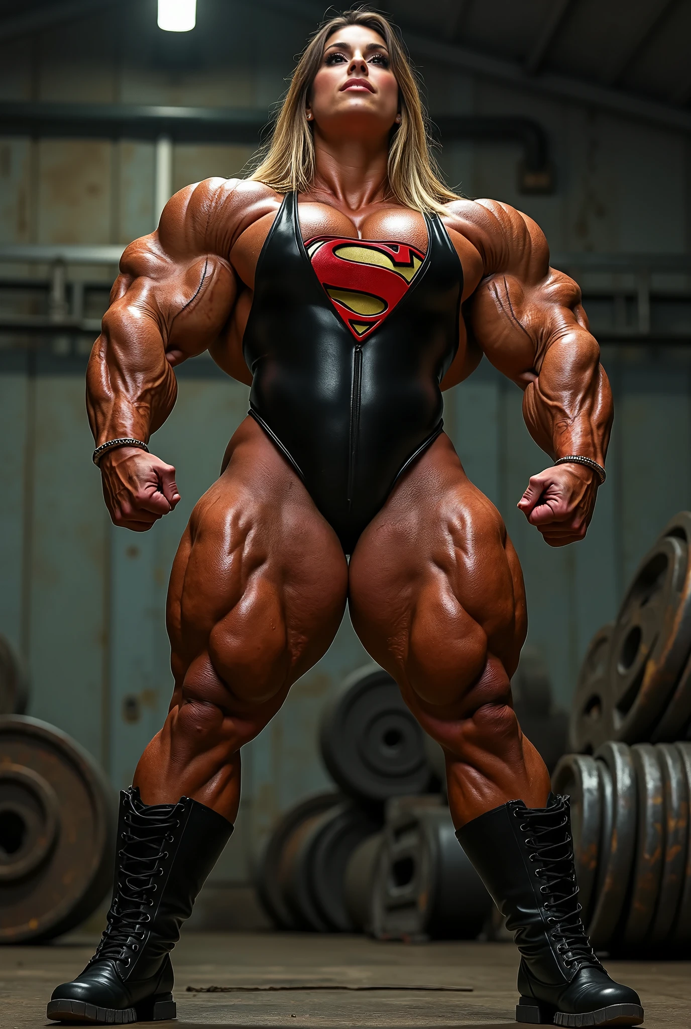((Masterpiece)), ((Best Quality)), ((Solo)), ((alone)), ((1girl)), ,super girl, (NSFW), ((accurate anatomy)), (wide hips), ((Huge breasts)), (long legs), ((((Muscular Quadriceps)))), (((((Massive Female Bodybuilder))))), ((((Huge Muscles)))),blonde,high res,hyper realistis, ultra detail