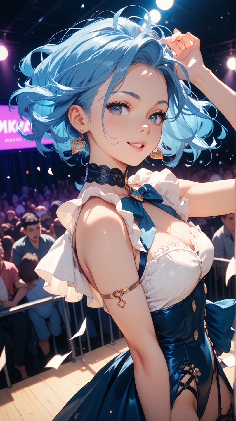 (quality)), ((masterpiece)), Recommended results、puffy nipples、(see through:1.5)、straighten your back、abdominal muscles、huge bust、angle to floor:1.2、low shooting angle、Hair loss on crotch,Hatsune Miku,Beautiful and beautiful:1.2), Ultra-detailed, looking at the audience, , blue short hair , (huge breasts:0.8), maid