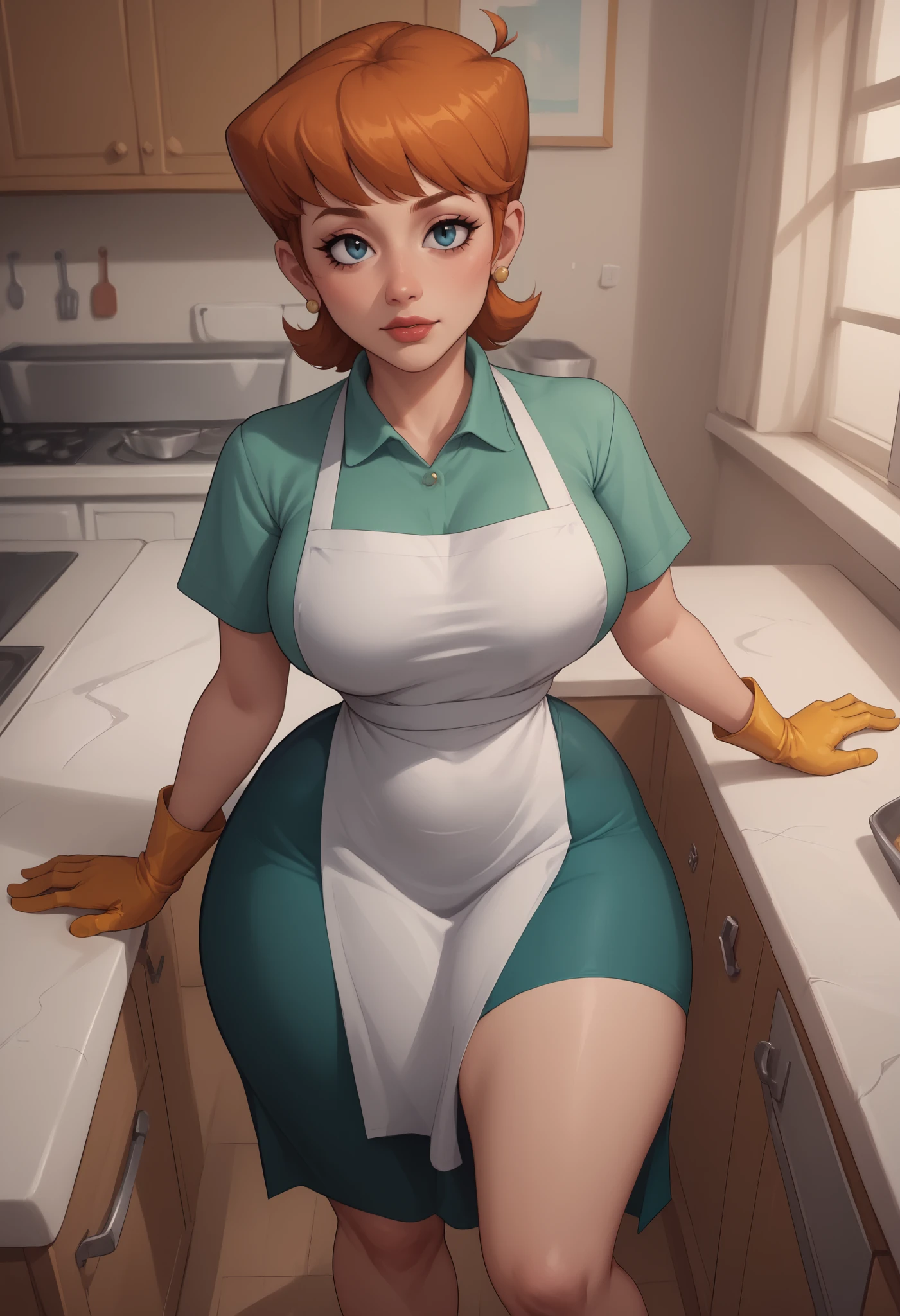 score_9, score_8_above, score_7_above, BREAK, 1 girl, Alone, breasts, dextersmom, makeabove, jewelry, Gloves, shirt, apron, kitchen, aboveper body, retrato, mature woman, Fondo simple, thick thighs in bed, wide hips , big ass, slightly showing the slit of the butt , showing big butt , lean,