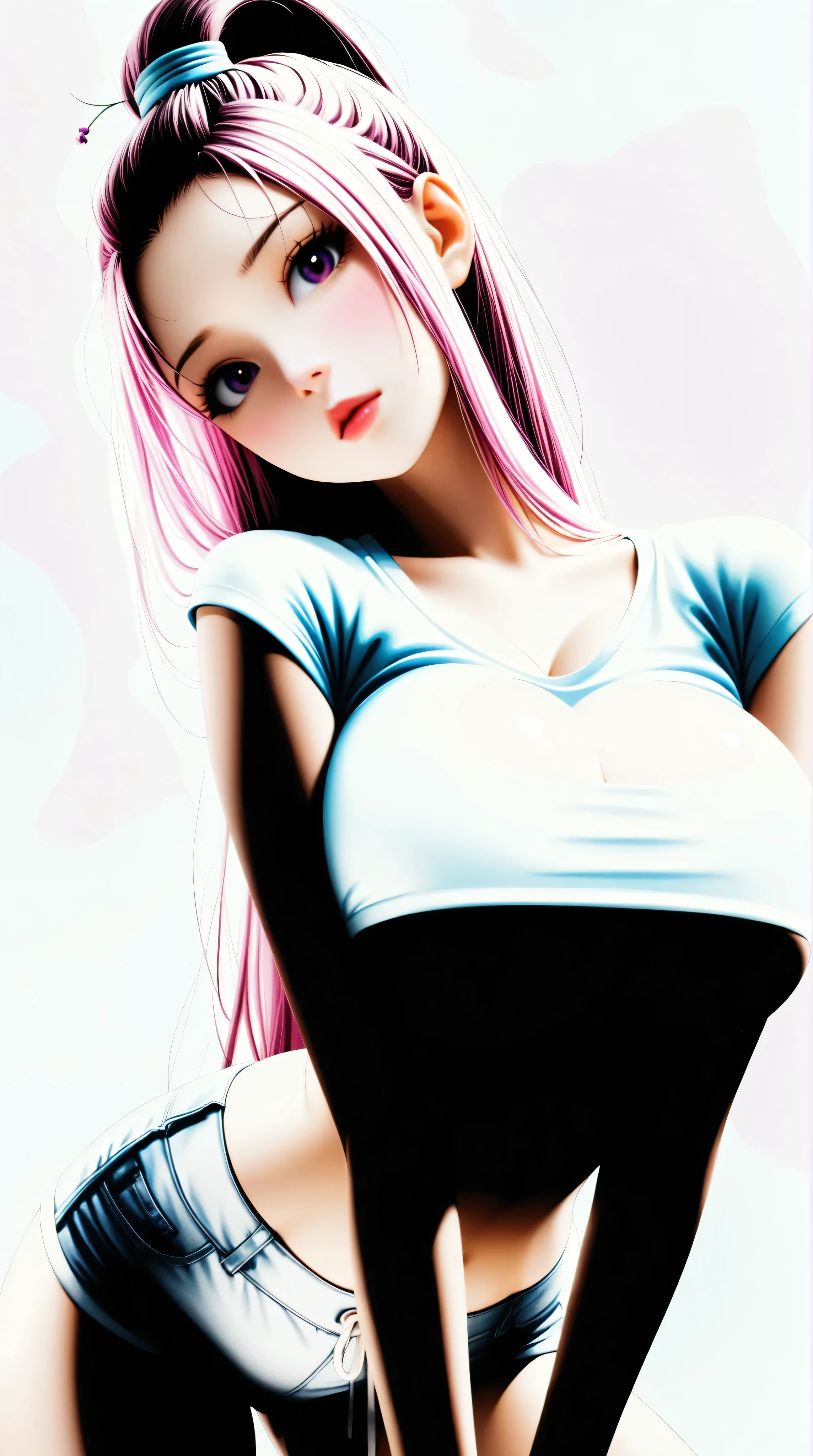 1girl,solo,Blue Background,big breasts, crop top, short shorts, underboob, High Ponytail,Unbelievably long hair,cowboy shot,,looking at viewer,Simple style,wide angle,Dynamic Angle,(bangs_pinned_back:1.5),(head_tilt:1.7),(cuvrybody:1.1),Lively posture,From the front,From below, looking at viewer, shiny skin, (eyes looking off to side), Highly detailed, Amazing work,Vitreous luster, blues, purples, pinks, Best quality at best,shiny skin, no background, colorful background, blue background, pink background, purple background, plunging neckline, sexy pose, dynamic pose, heavy blushing, huge breasts,