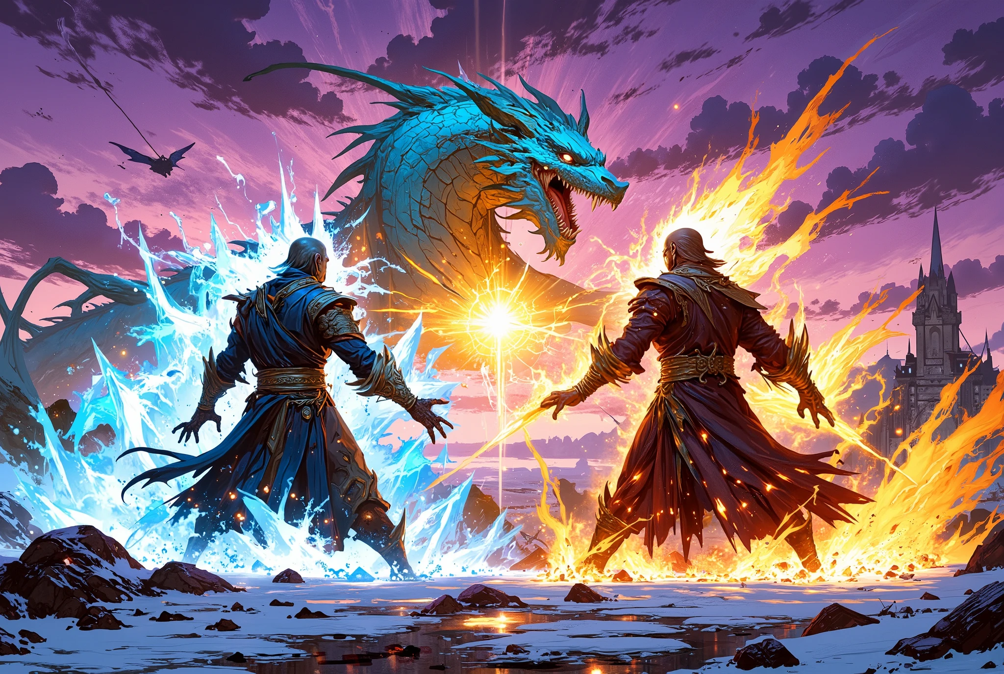  Battle of the Fire Wizard and the Ice Wizard ,  Purple Elly Sky ,  Magic Cube Light in the Sky, Blue Dragon, Island and Castle ,   Cubism Futurism  , Anime,  hyperrealism,  chiaroscuro ,  cinematic lighting,   reflection light  , backlit,  zoom out, 超 high resolution, retina, Masterpiece, Accurate,  Anatomically Accurate ,  more details,   high detail  ,   two-bracelet that won a realistic  ,  best quality ,  high resolution, 16k