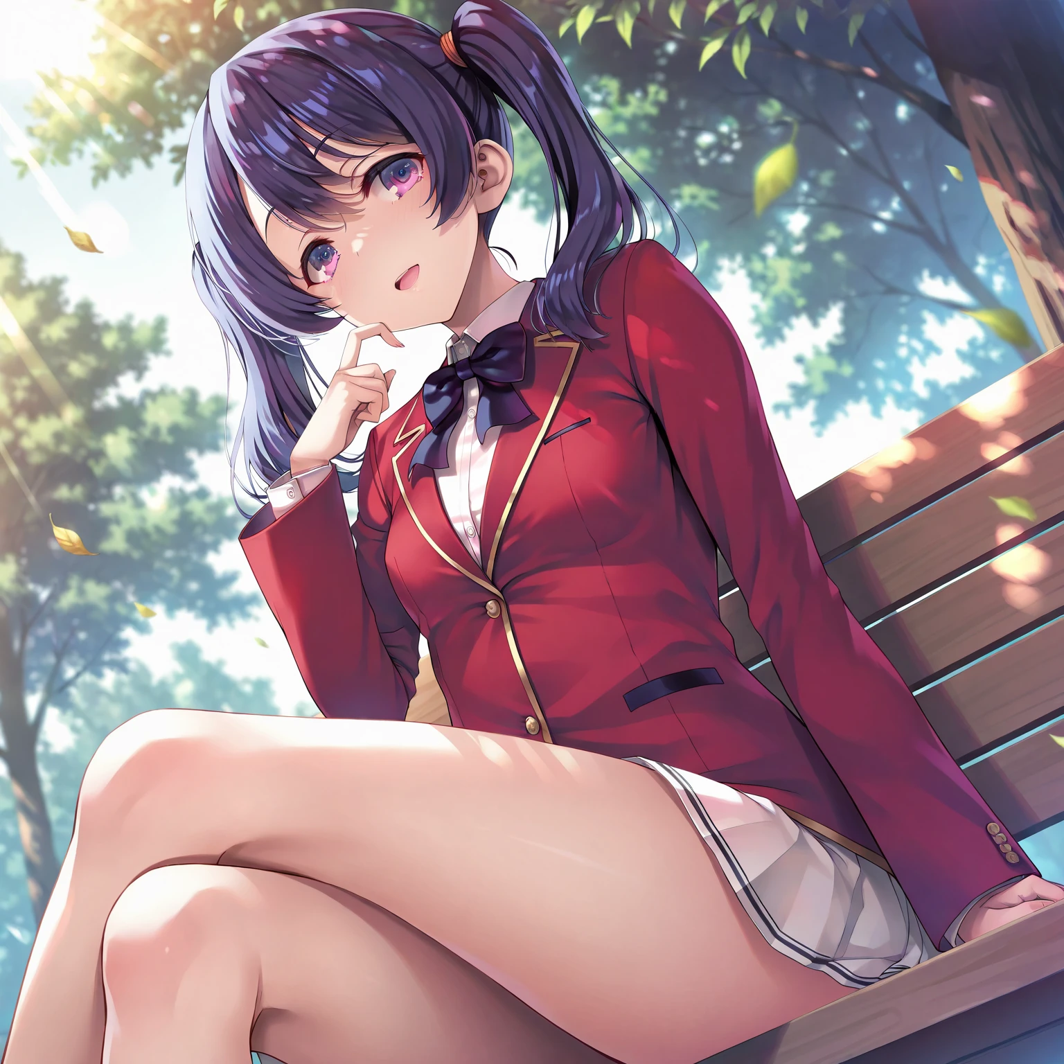 Realistic image, Consistent image, Detailed Images, 1 beautiful girl. She has long brown hair, Tied with a red flower-shaped comb. Red eyes, Long eyelashes. Her face is oval and delicate.. smile. She is wearing a traditional T-shirt, Pleated mini skirt with lace, Long stockings covering the legs. She has a curvaceous figure, Medium bust and thick thighs. View from below. A view from her thighs. Surrounded by the fabric of clothing, The petals scatter. Black background, Uniform background,