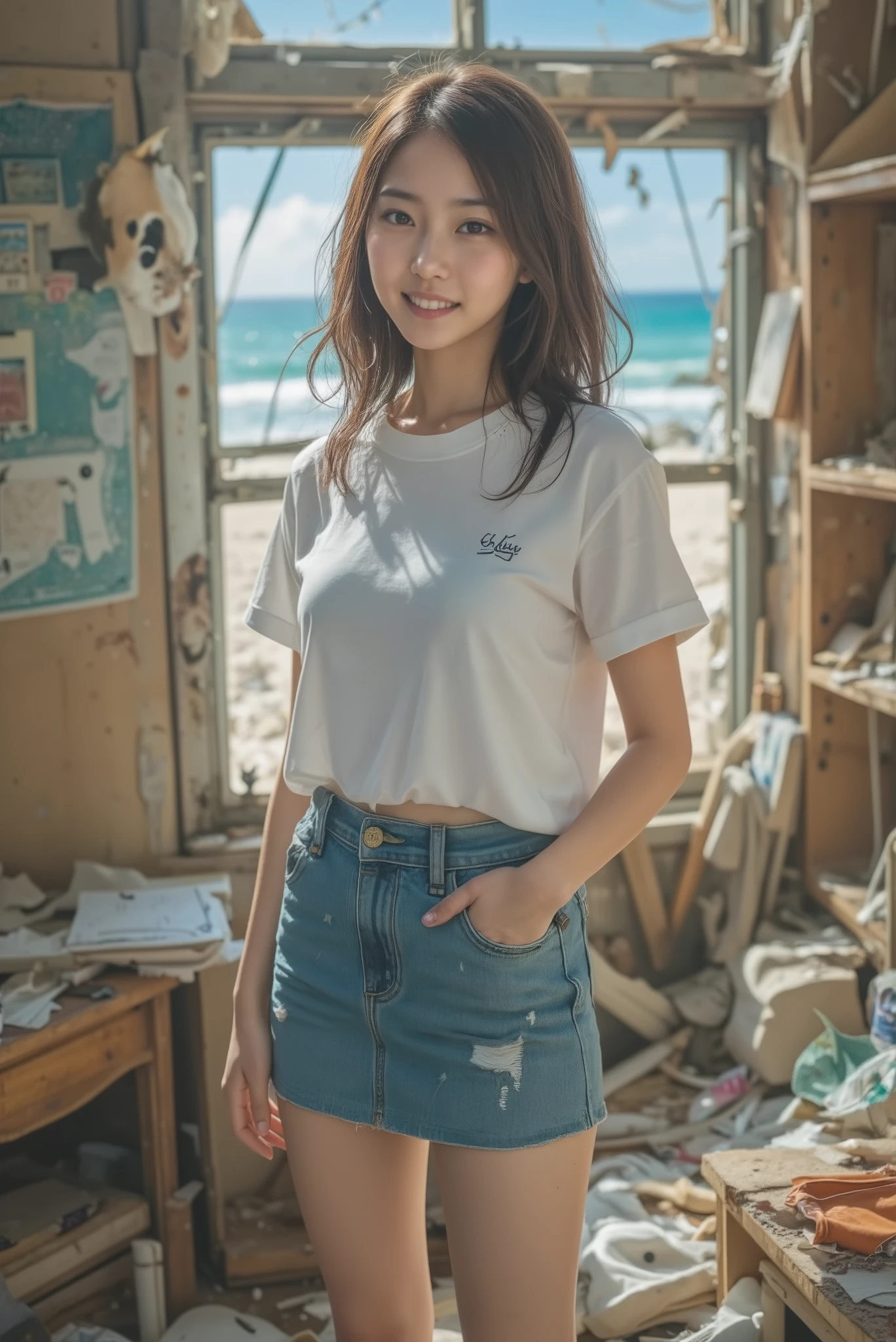 (Masterpiece, best quality , Complete anatomy, high resolution, 8k, realistic, photo realistic, The light from the broken window accentuates the room's worn texture , without makeup:1.2), 1 girl, Alone, Japanese , Age 20, Female university student, is very cute, is a smiling face, ( big breasts:1.2), (perfect figure1.2), white t-shirt , Denim Mini Skirt , summer, Beach , Hawaii, Sunlighting , cowboy shooting, Dog face