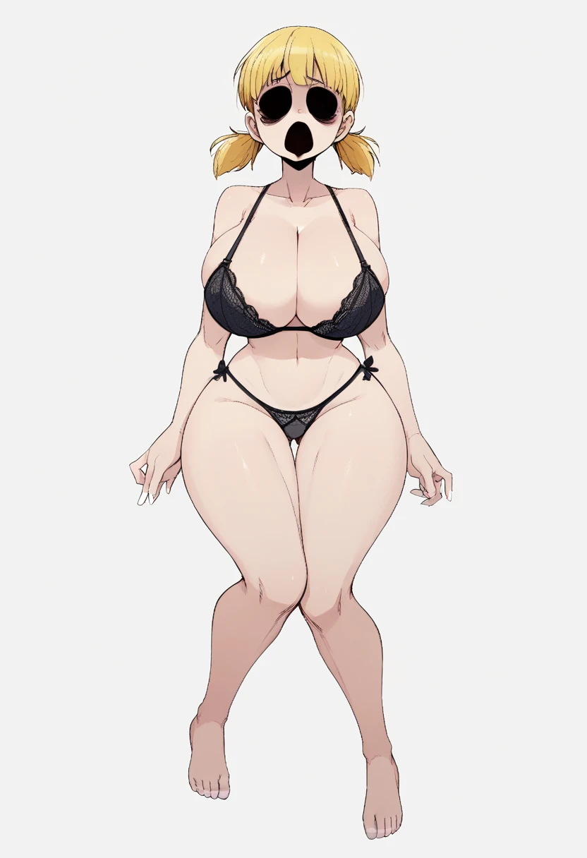 (score_9, score_8_up, score_7_up, score_6_up), vector, flat color, (white body outline), black background, by inkplasm, 1980s anime, Smirking bikini mommy, mature face, stockings, full body shot, (source_anime:1.1), rating_explicit