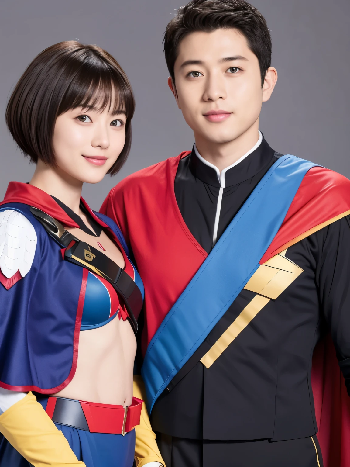 349 (20 year old woman and 20 year old man),( short hair), ( HD), (smile), (Gatchaman's combat uniform), ( abs) , (Cape)