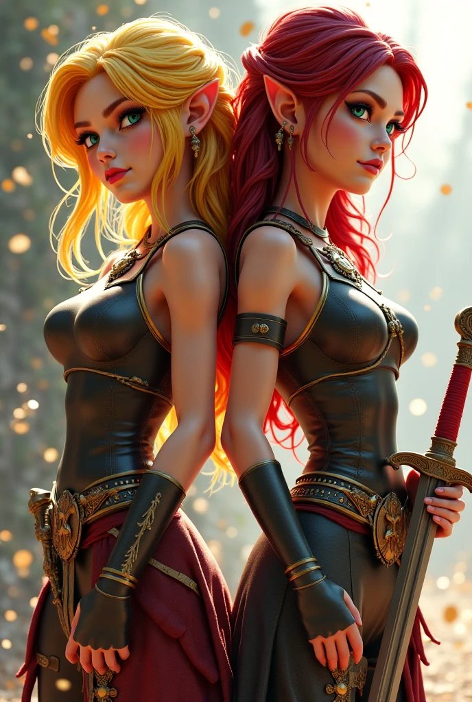 European woman (spiky pink hair), (ornate red neckline round armor). Bare shoulders. (Tiara). Muscles turned. Beautiful, shapely legs. Expression, mischievous smile, subtle. Detailed lighting. Artwork. Extreme beauty. Professional image with high saturation. Professional camera. Illustration. Vibrant colors.