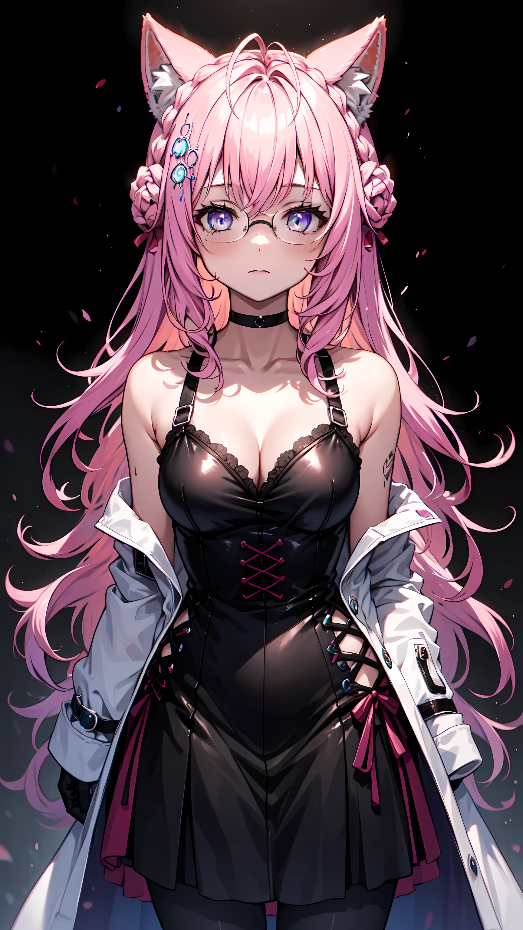 imagine an 8k , high resolution , Movie, A woman with beautiful mature features and long pink hair, Animal ears, a shiny black dress , black leggings , White coat, Hair accessories, glasses, Tail, under dark lighting , On a dark grey background , black gloves , background is an explosion