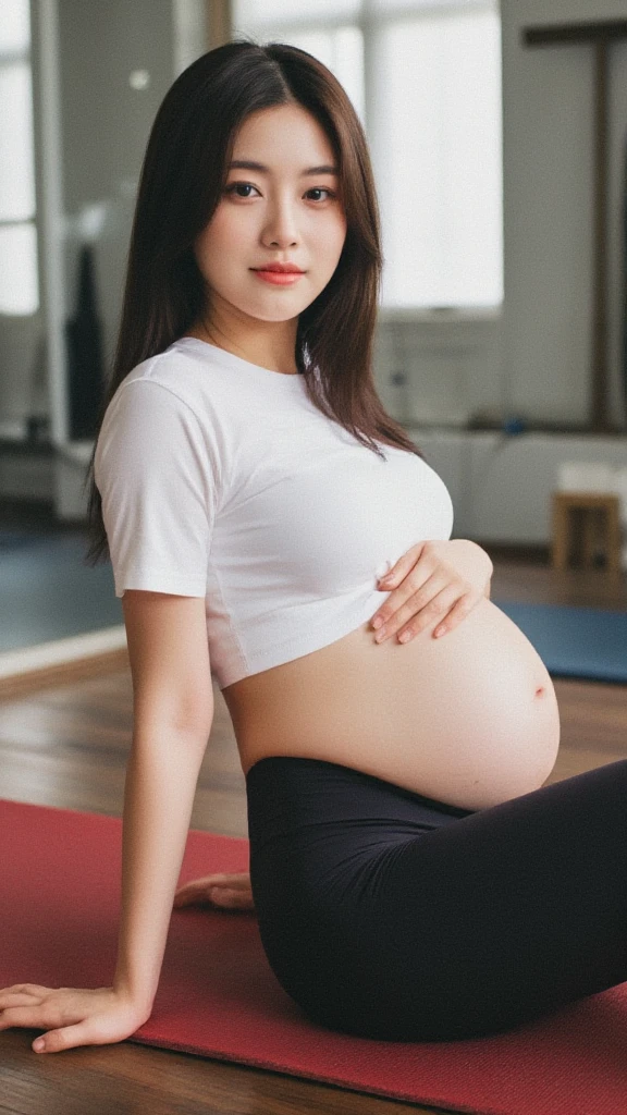 A pregnant asianwith leggings on and with a camel toe