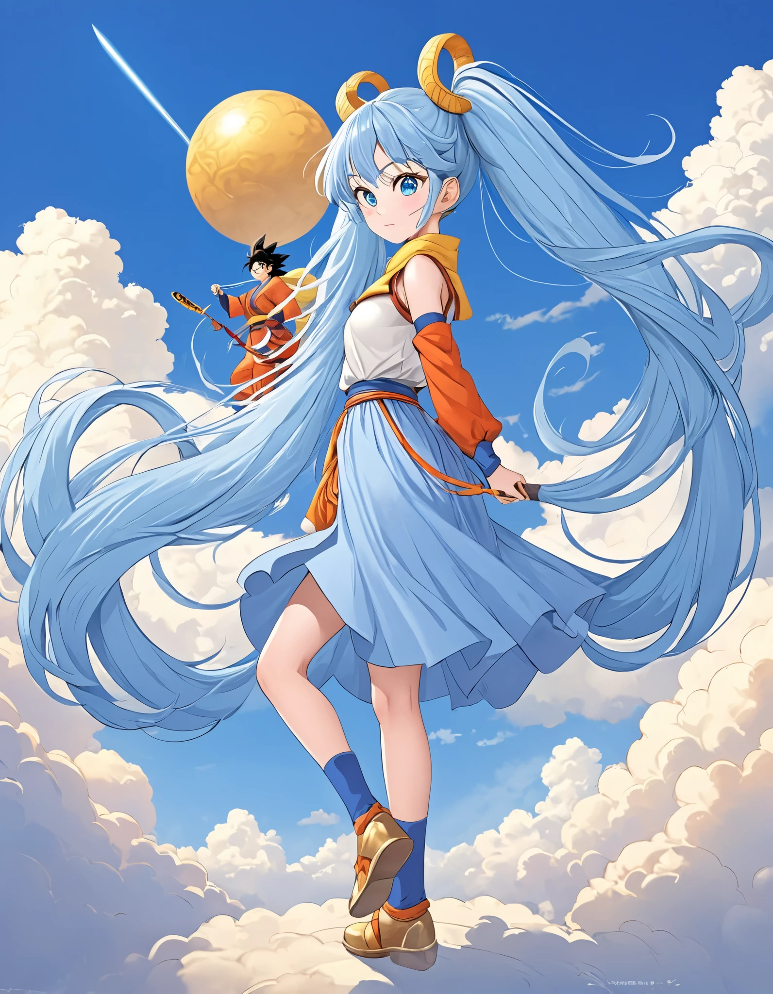light blue long hair 、Son Goku the beautiful girl with twin tails 、Beautiful girl is standing on a big golden cloud、journey to the west