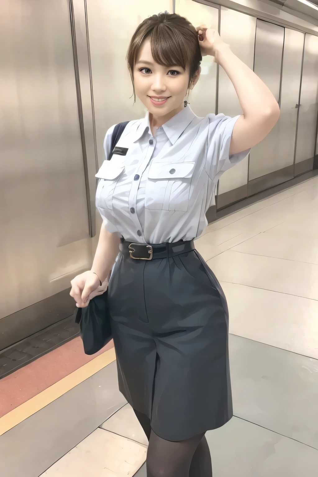 (Masterpiece:1.2, best quality :1.2), 32kHDR, high resolution, (Alone、 1 girl)、(Rooftop of a building during the day、 professional lighting)、Building rooftop background、( TOKYO SUBWAY WOMAN CREW UNIFORM REAL STYLE WOMAN CREW UNIFORM 6 )、(TOKYO SUBWAY WOMAN CREW UNIFORM BLOUSE SHORT SLEEVE 、 above knee culotte skirt、Waist belt)、 black pantyhose holding a puppy、 dark brown hair 、( hair gathered、 hair bang)、 dark brown hair 、Long Hit、 big breasted、Thin legs、(( amazing hands:2.0)),((harmonious body proportions:1.5)),((Normal limbs:2.0)),((Usually refers to:2.0)),(( Delicate Eyes:2.0)),((Normal eyes:2.0)))、(Beautiful standing figure showing the Tokyo Subway Woman Crew Uniform) 、Hands crossed underneath 、Shy smile