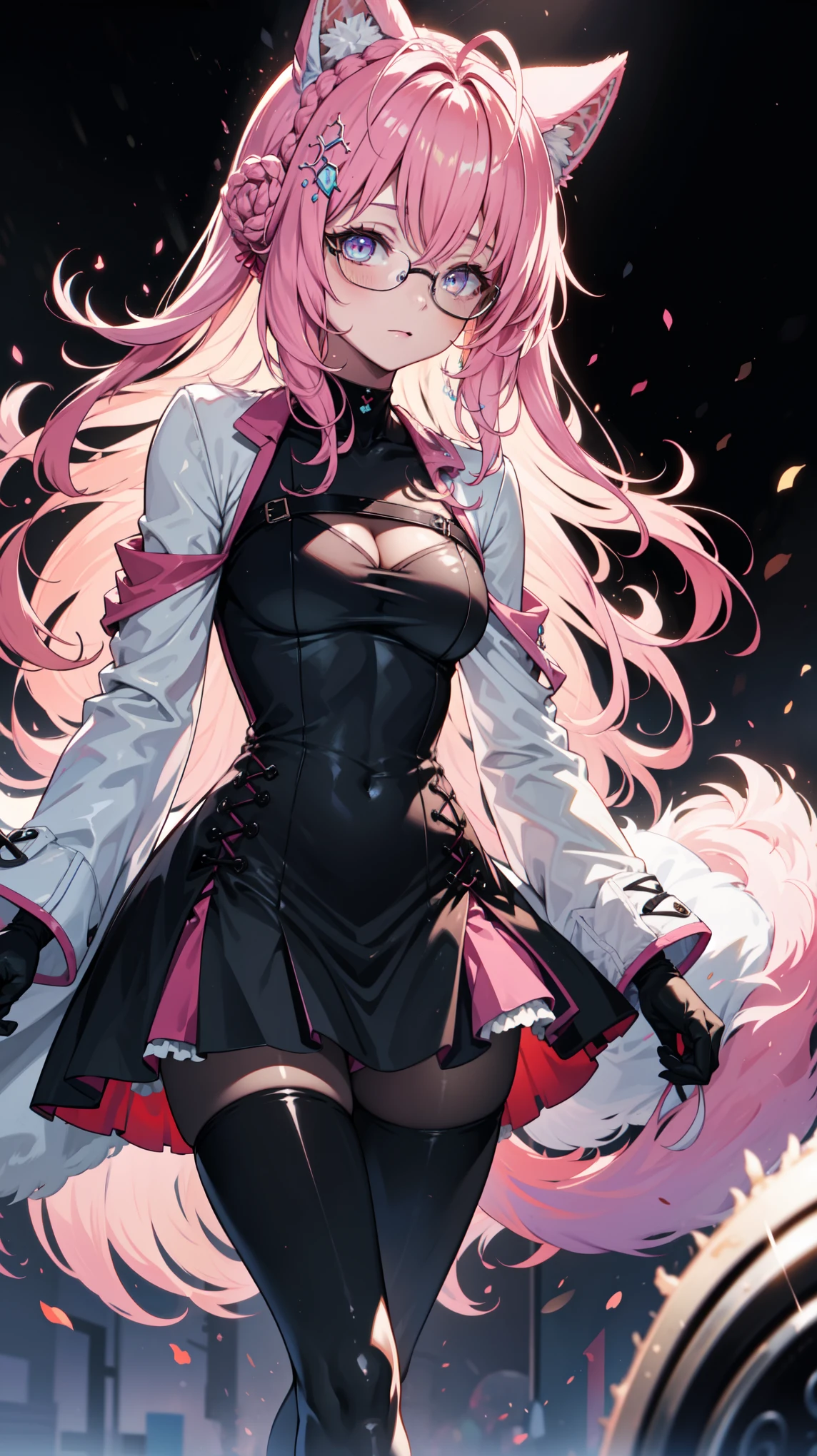The middle of a journey,(((Super detailed, 8K quality))),,hair above one eye, red eyes, clear eyes, open jacket,anime style, 1 female, 22 years later,look up at the sky、reach for the sky、Not looking at the photographer、blue eye background,Looks comfortable、big and full breasts, (scarlet hair), long hair, purple eyes, wearing a white coat、researcher、Glasses、thin shirt,short skirt、ultra shorts、 (natural skin texture vivid details, surreal, (realistic detailed eyes, natural skin texture, realistic facial details), Depth of written boundary, Bokeh, vivid details, surreal, 35mm movie,lipstick, ear piercing, eye shadow, red pink lips, 多色のred eyes, purple theme,Wear an iridescent aura,beautiful eyes,purple carpet,hanging bangs,sit,Main colors are white and purple,((Squad Position)),((leaning forward)),black stockings、squat,show me your butt、big ass,graduate school