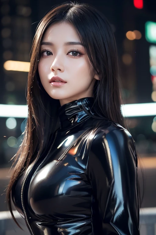 1 woman、Korean、Korean、cyberpunk suit、smooth rubber、tight suit、chest chuck、intricate details、high quality、(upscale:1.4)、Staring at me、ultra realistic 8k、Perfection face、perfection、clean、masterpiece、professional artwork、famous works、Perfection face、beautiful expression、beautiful eyes、short black hair、high heels、wet hair、very big breasts、best image quality、natural background、(focus on chest)、No pants, (RAW Photography:1.2)、top-quality、white, a beautiful detailed girl、tight water suit、latex wet suit, a smile、Twin-tailed、extremely detailed eye and face、beatiful detailed eyes、huge filesize、hight resolution、hight resolution、8k wallpapenely detail、Highly detailed ticker uniform 8k wallpaper、Light on the face、movie lighting、16-year-old girl、sexy pose、(photorealisim:1.4)、illustratio、surrealism、 frombelow、super detailing、​masterpiece