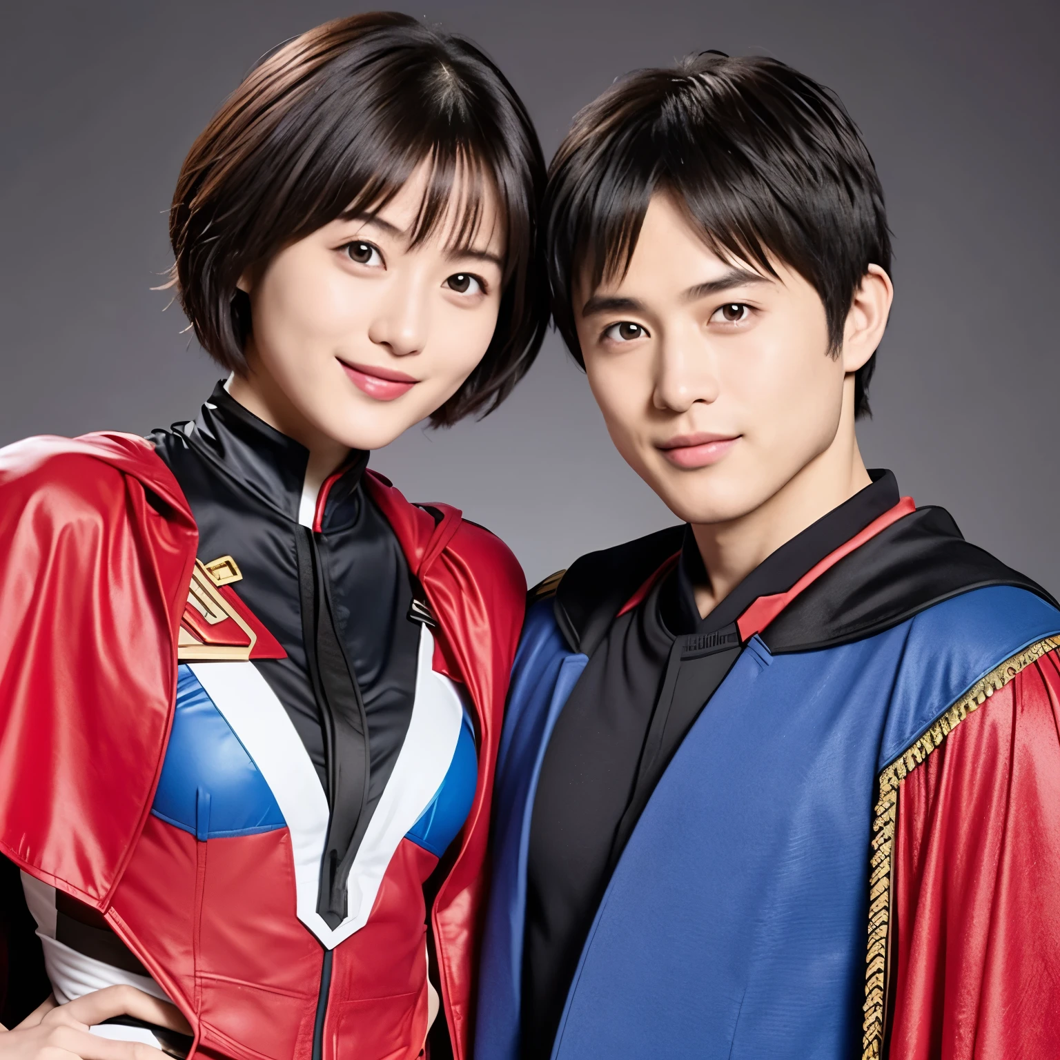 349 (20 year old woman and 20 year old man),( short hair), ( HD), (smile), (Gatchaman's combat uniform), ( abs) , (Cape)