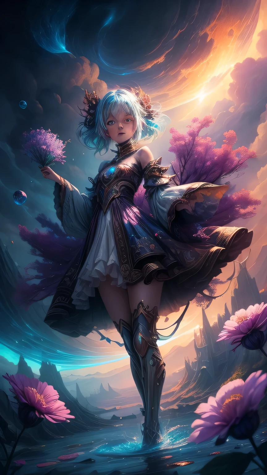 "((Fantasy art)) featuring an alien girl immersed in a celestial symphony, clouds transforming into vibrant splashes, flowers scattered like notes in the wind, a visual orchestration of color and wonder"